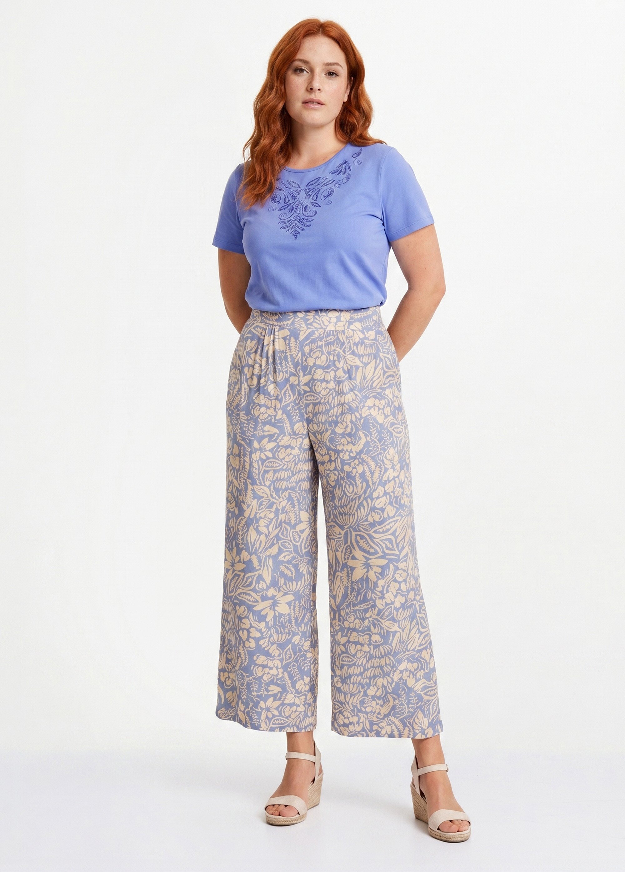 Pantalon large taille élastiquée fleuri ou uni Femme Grande Taille Bleu NOBEL SI1