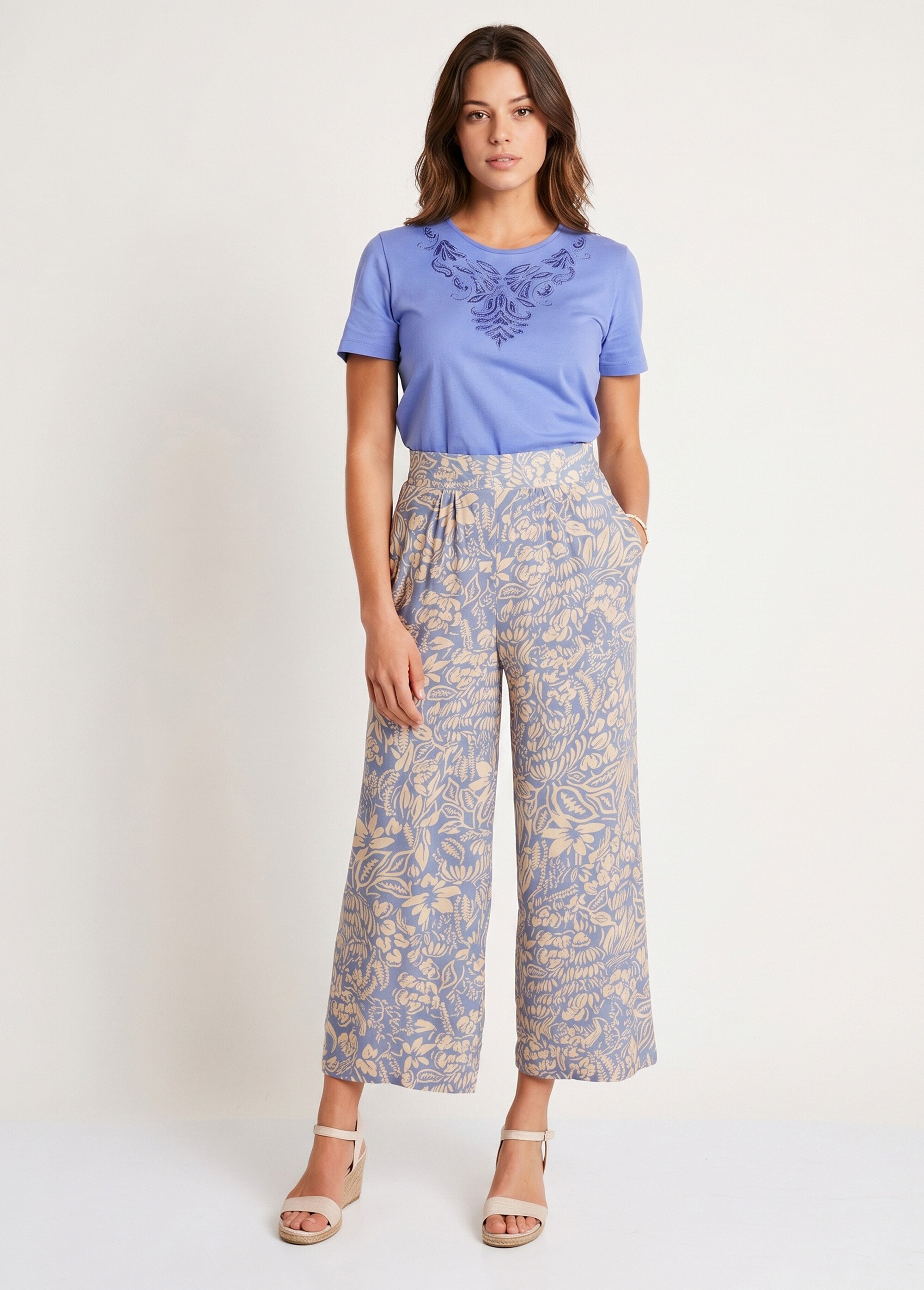 Pantalon large taille élastiquée fleuri ou uni Femme Bleu NOBEL SI1