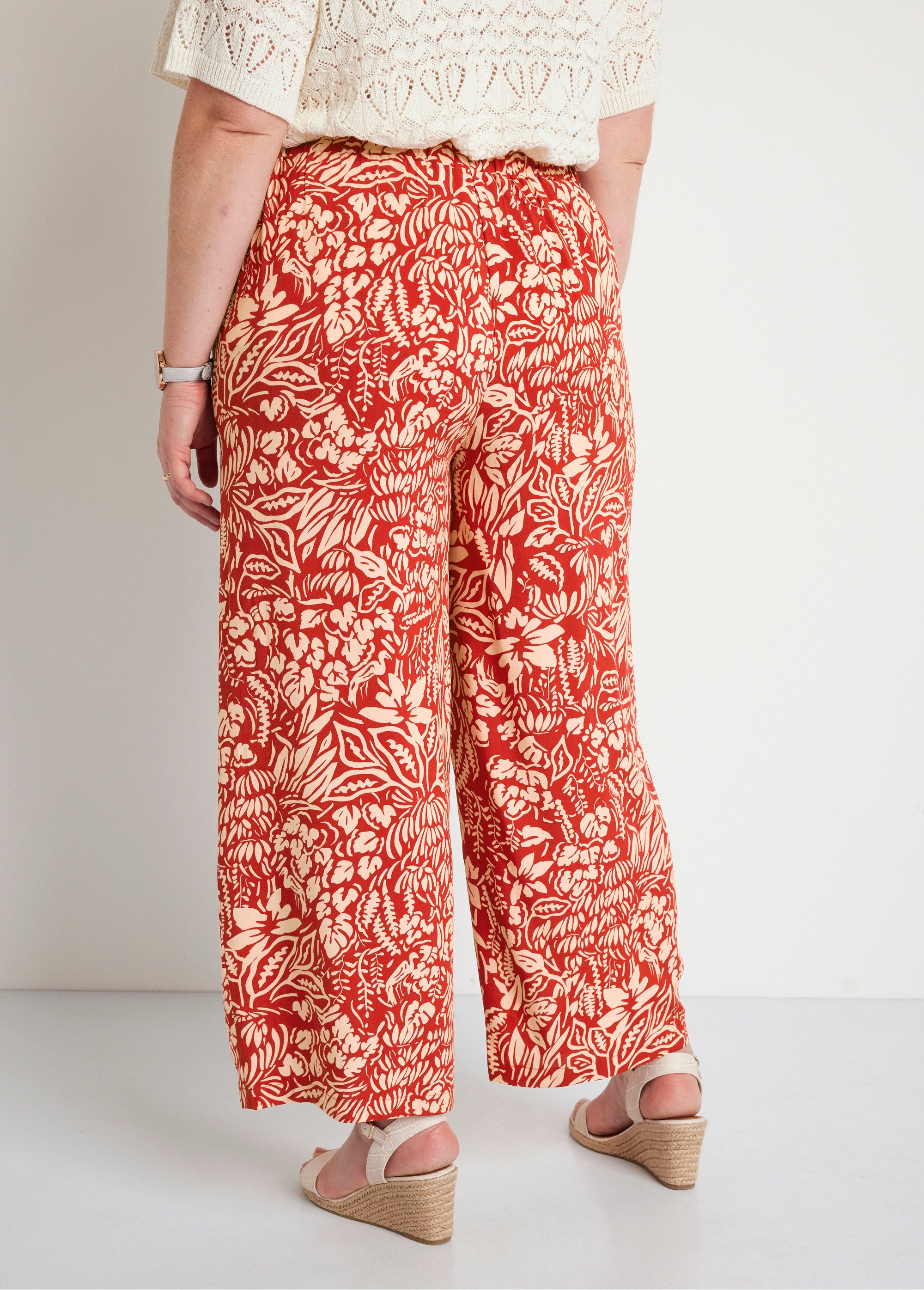 Pantalon large taille élastiquée fleuri ou uni