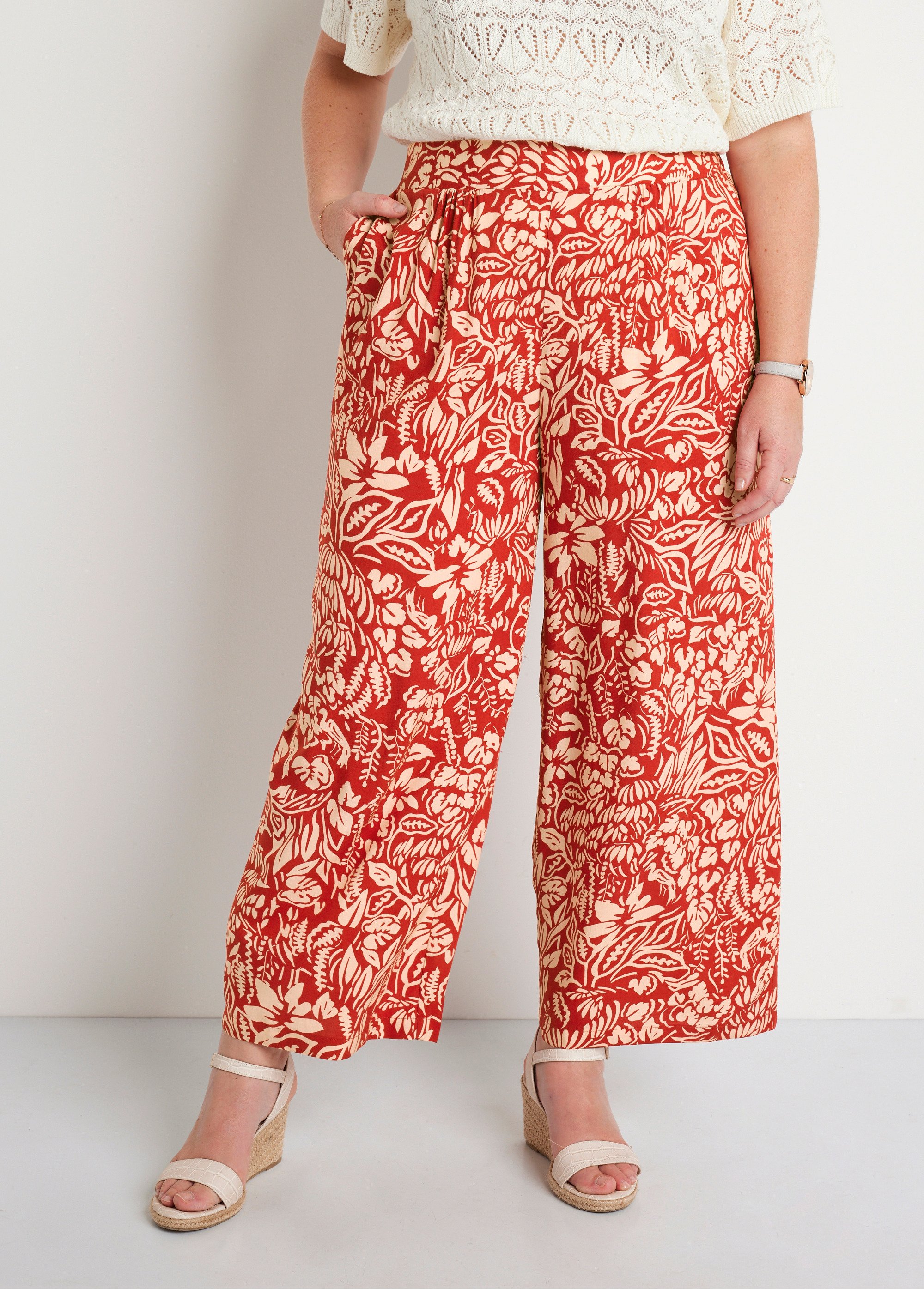 Pantalon large taille élastiquée fleuri ou uni
