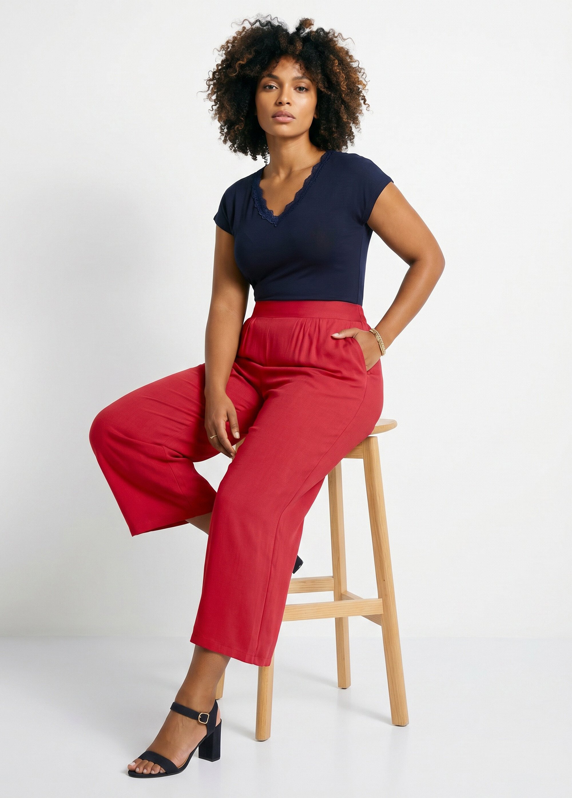 Pantalon large taille élastiquée fleuri ou uni