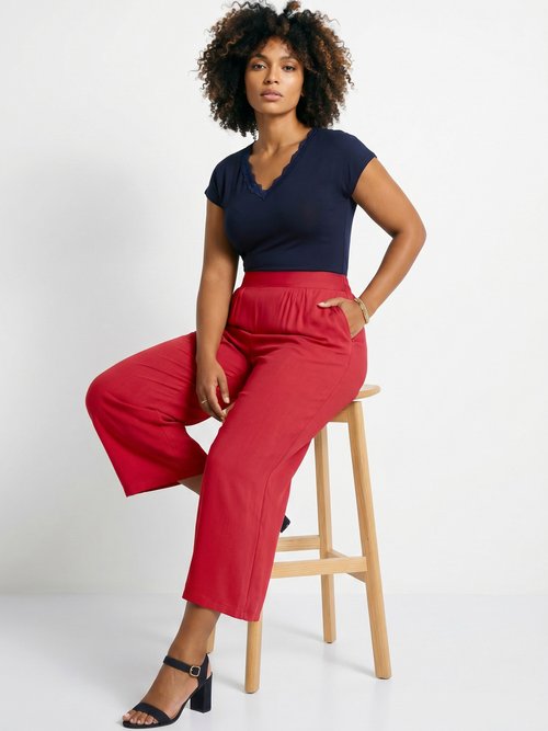Pantalon large taille élastiquée fleuri ou uni Femme Rouge NOBEL MV1