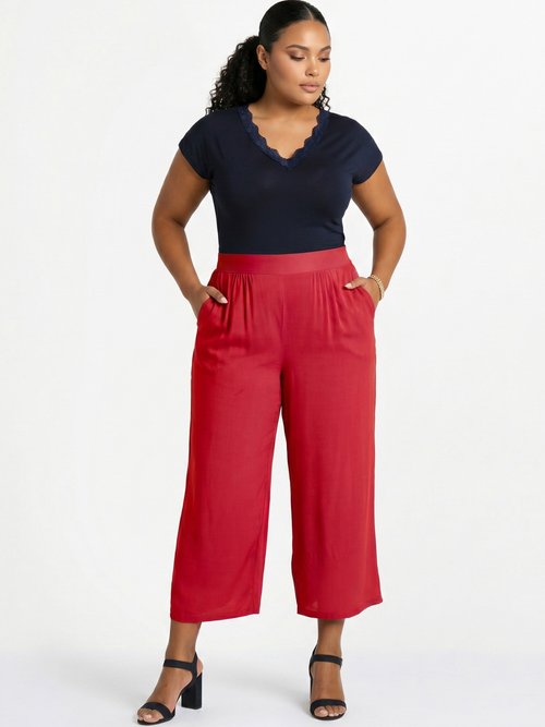 Pantalon large taille élastiquée fleuri ou uni Femme Grande Taille Rouge NOBEL SI1