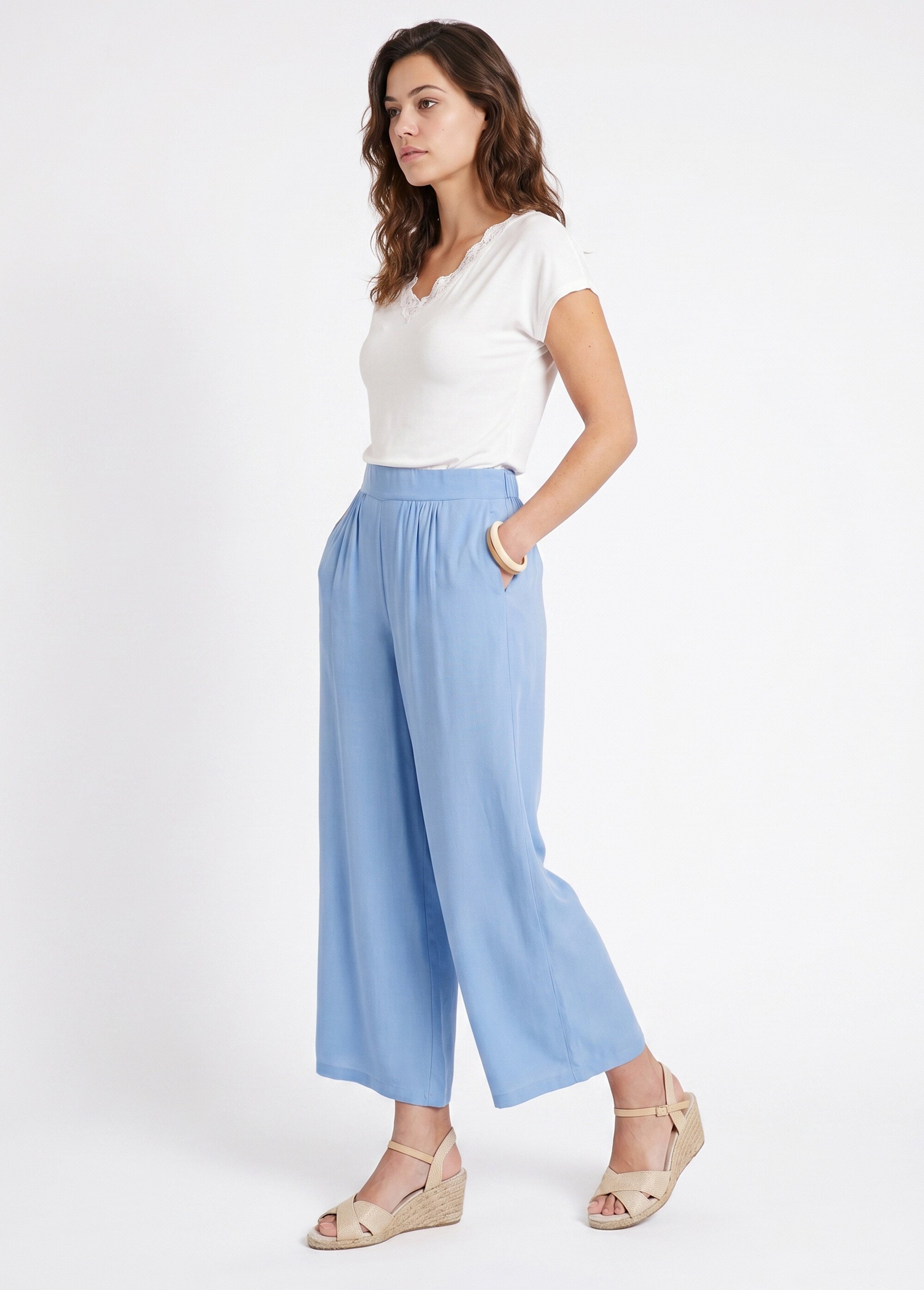 Pantalon large taille élastiquée fleuri ou uni Femme Bleu NOBEL MV1