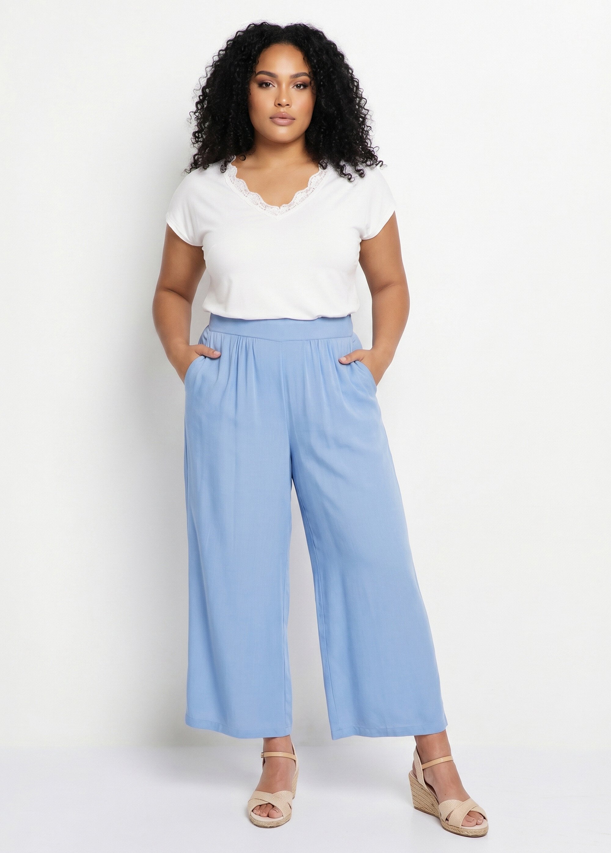 Pantalon large taille élastiquée fleuri ou uni Femme Grande Taille Bleu NOBEL SI1