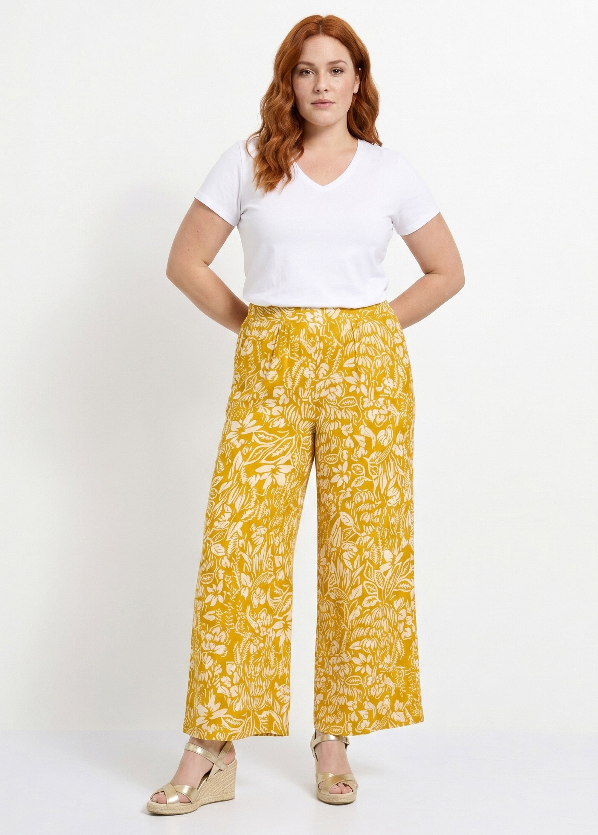 Pantalon large taille élastiquée fleuri ou uni