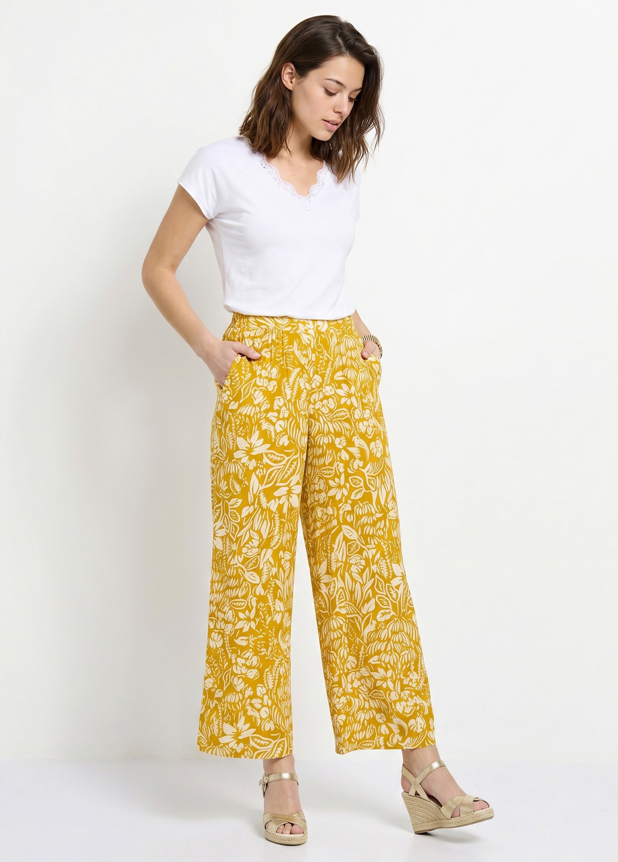 Pantalon large taille élastiquée fleuri ou uni Femme JAUNE ET ECRU NOBEL MV1