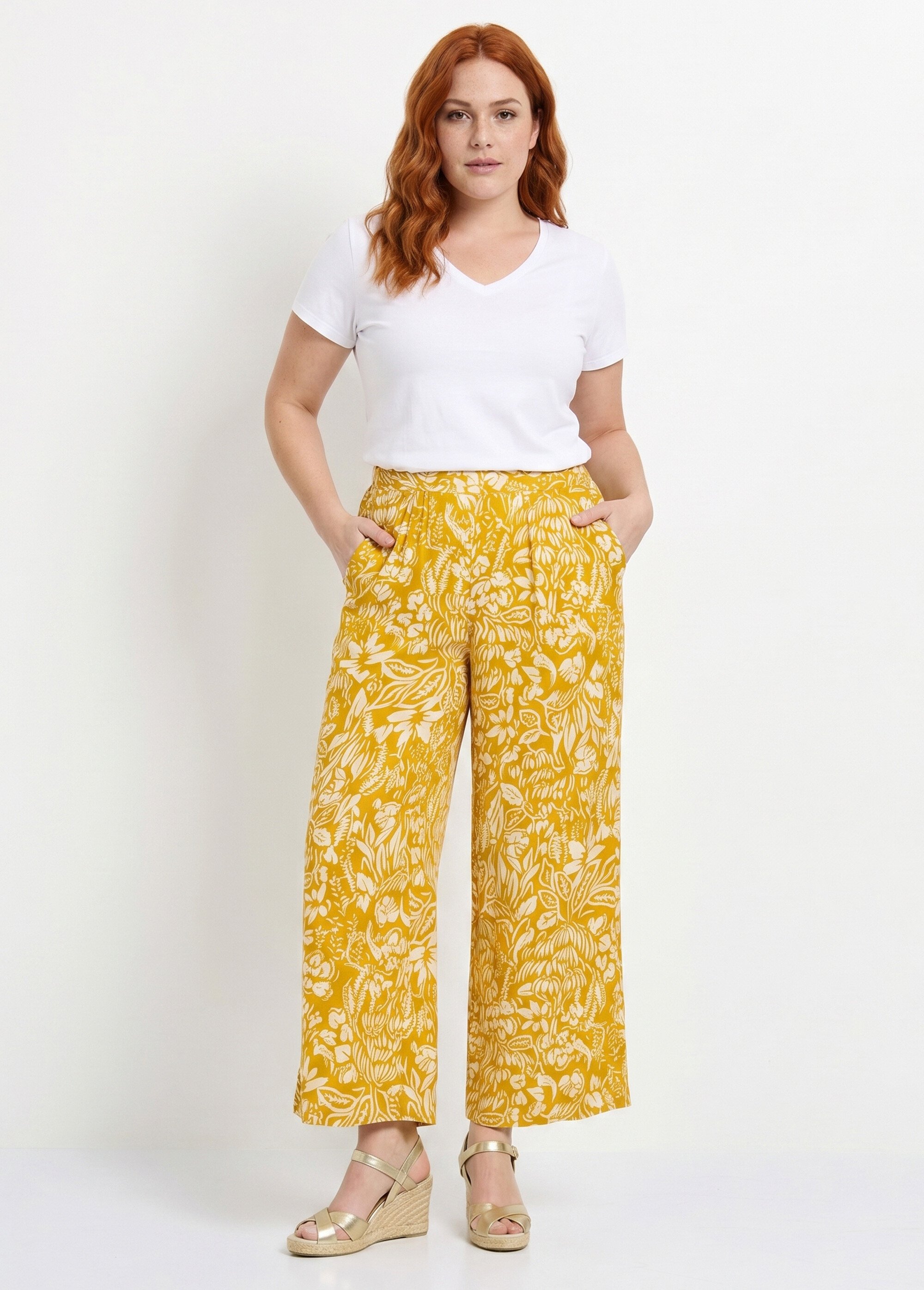 Pantalon large taille élastiquée fleuri ou uni Femme Grande Taille JAUNE ET ECRU NOBEL SI1