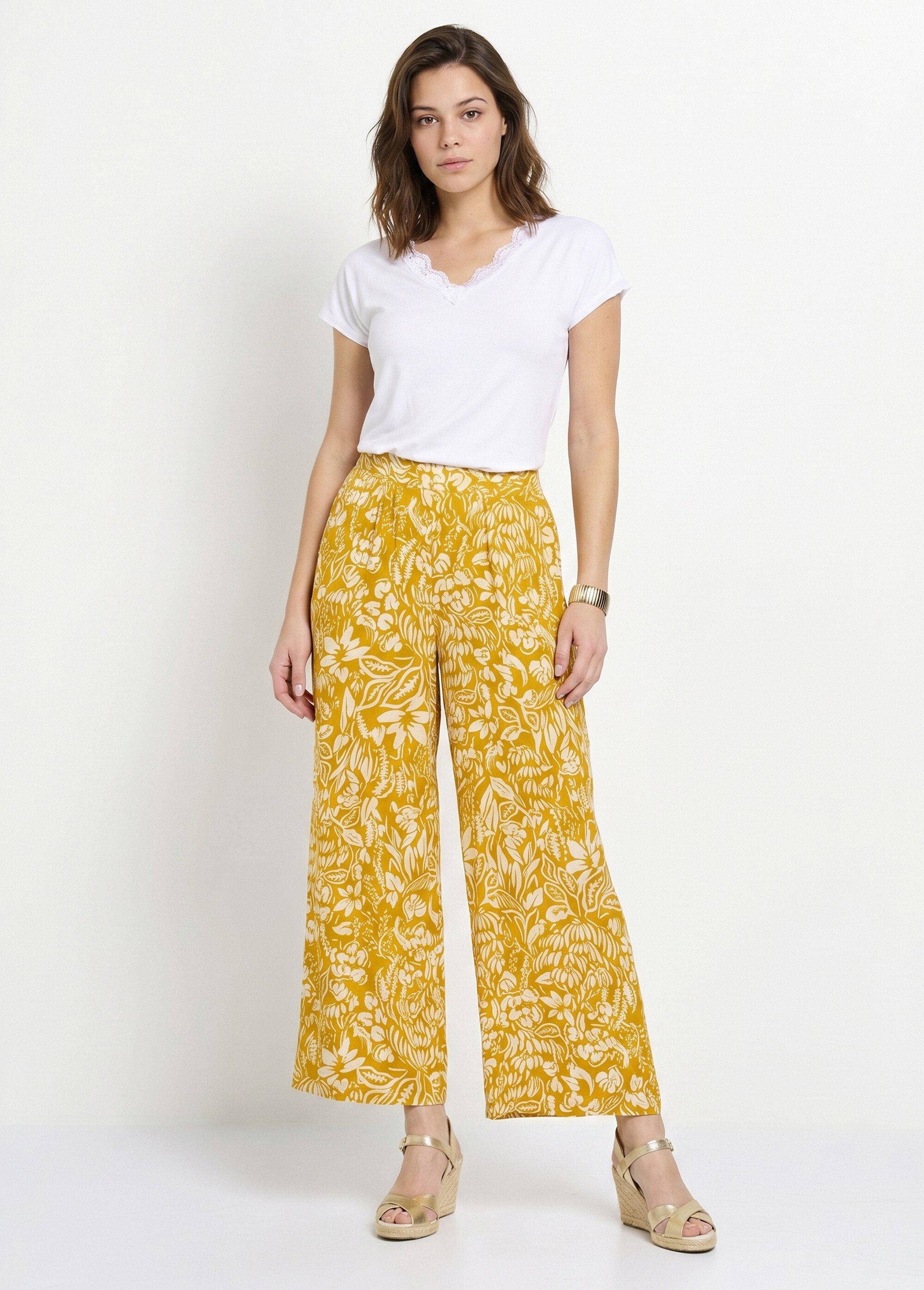 Pantalon large taille élastiquée fleuri ou uni Femme JAUNE ET ECRU NOBEL SI1