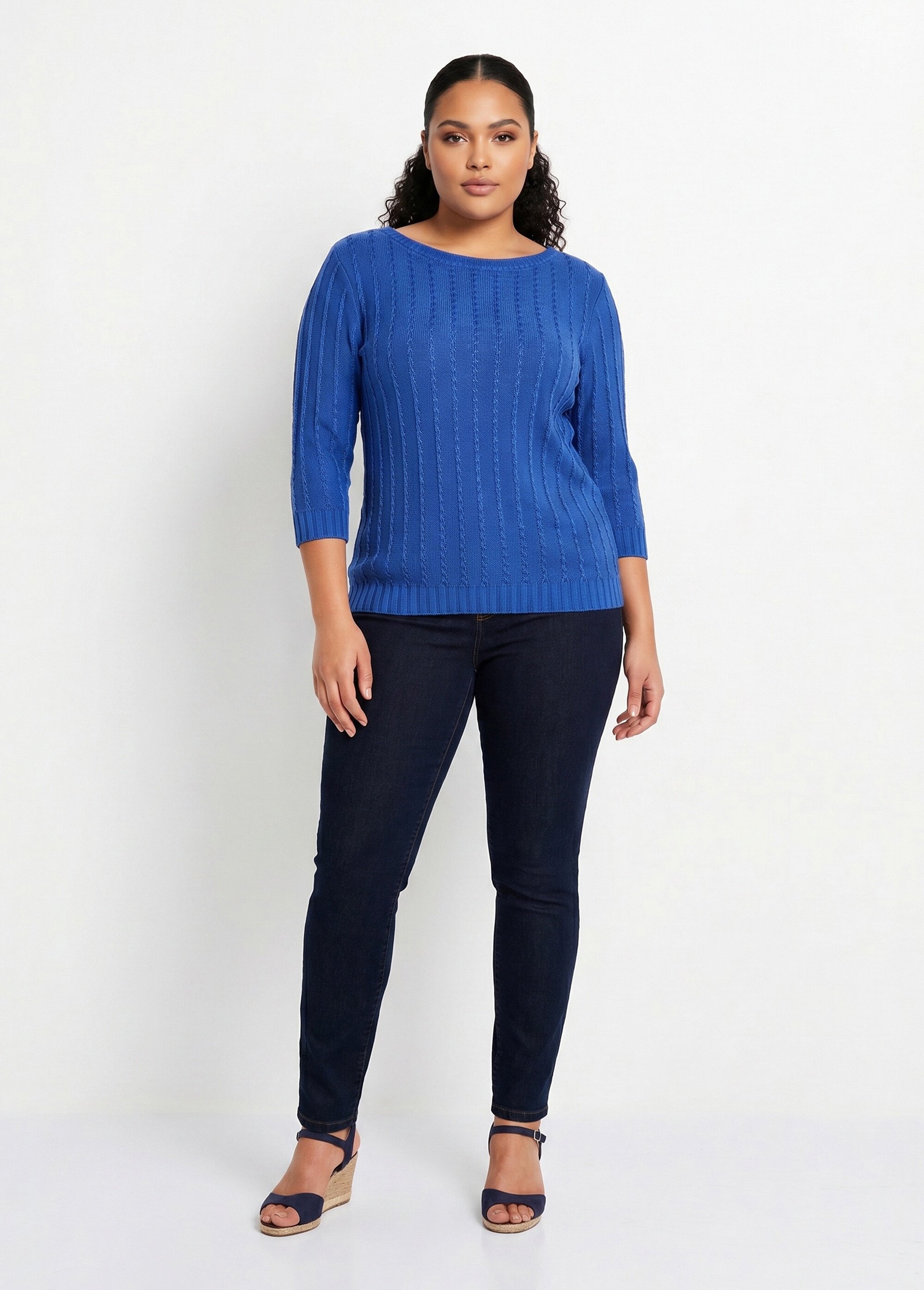 Pull col bateau manches 3/4 Femme Grande Taille Bleu MIRIBEL SI1