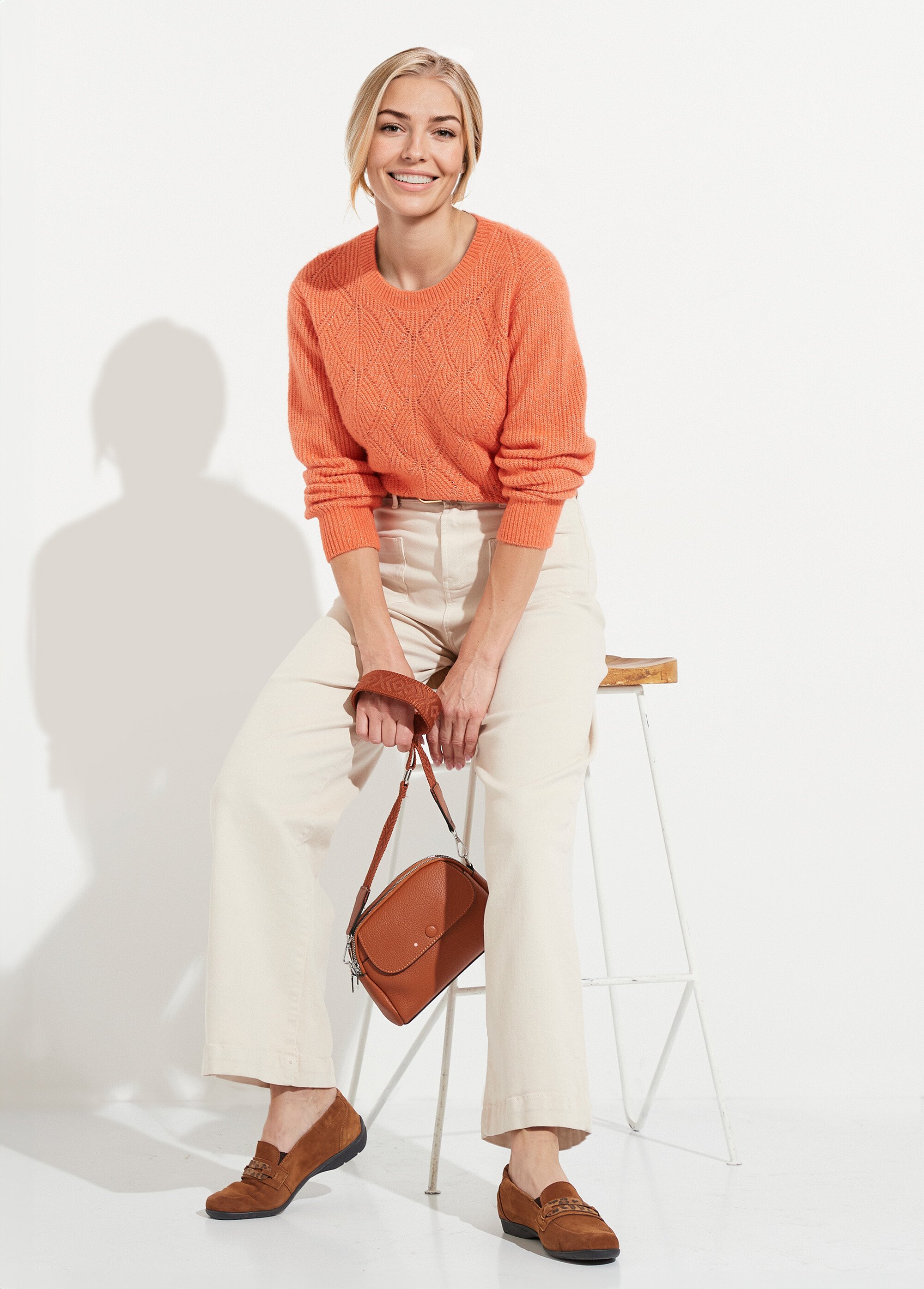 Pull doux maille ajourée fibres recyclées et laine Femme Orange PAQUITA MV1