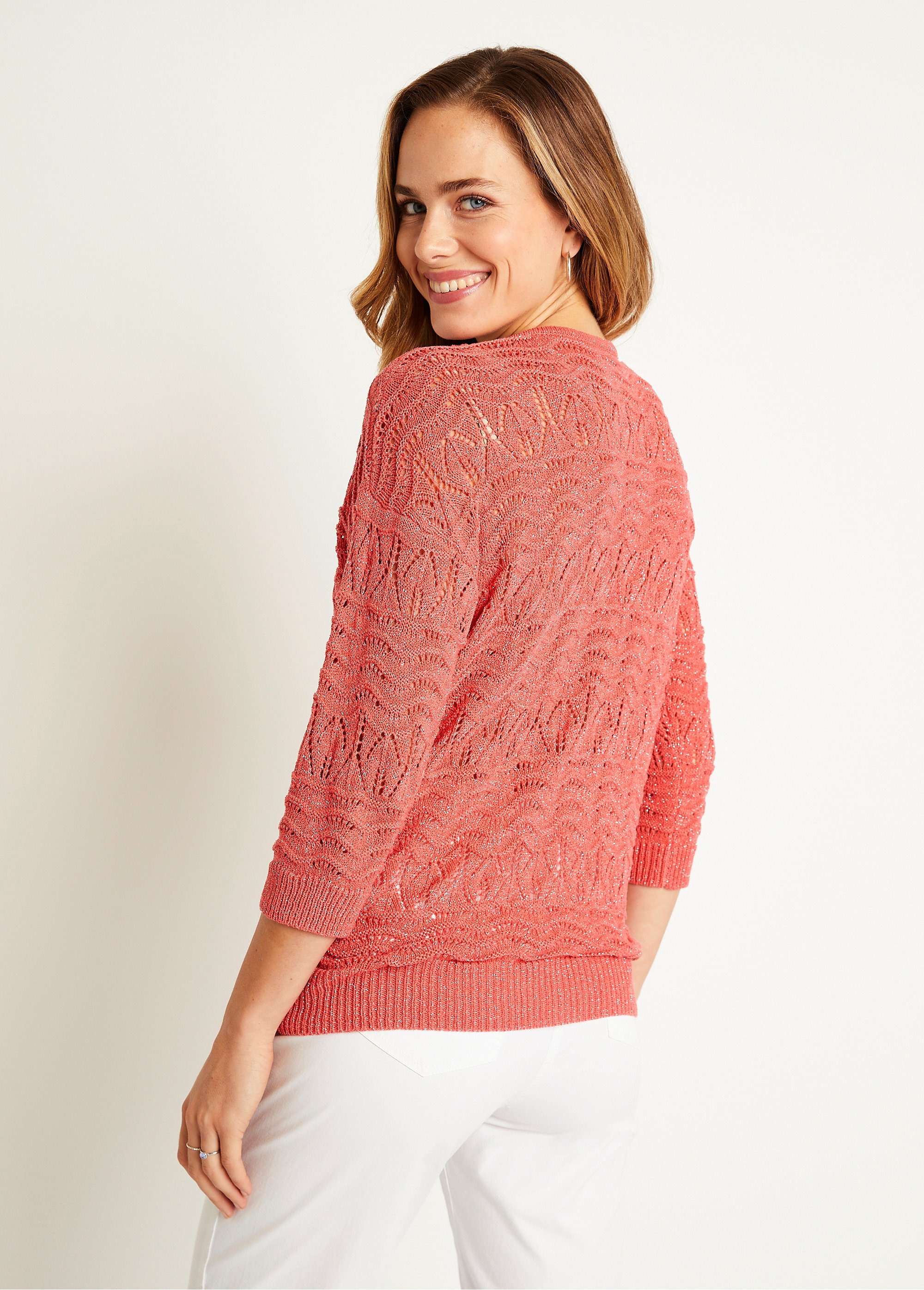 Pull manches 3/4 motif ajouré col V