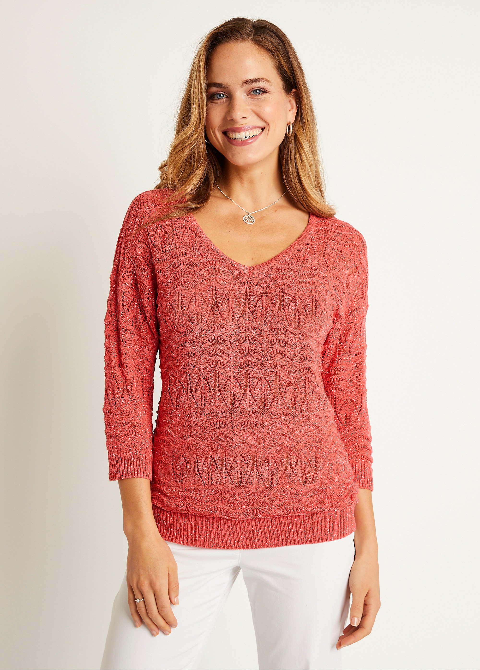 Pull manches 3/4 motif ajouré col V
