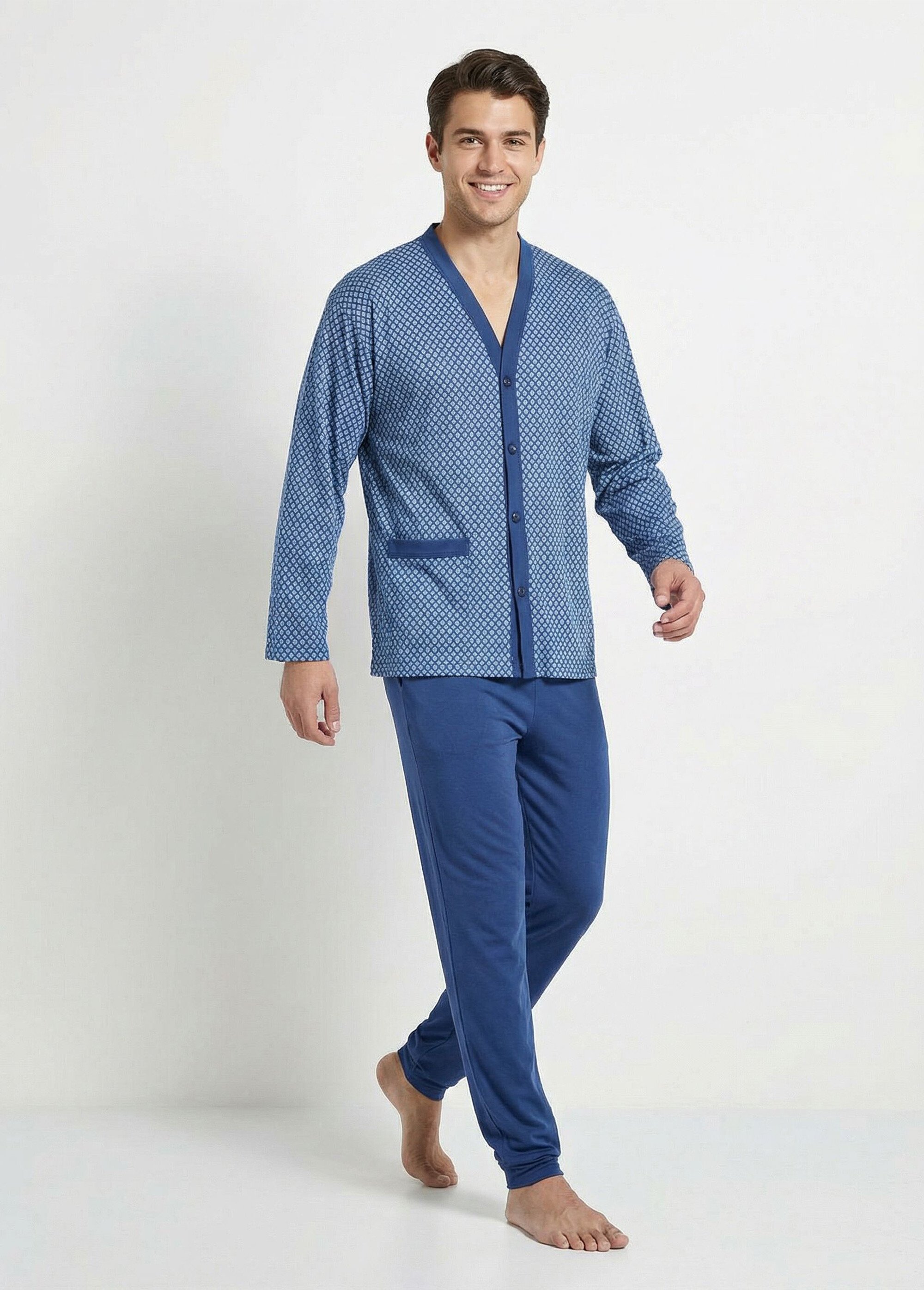 Pyjama boutonné manches longues coton Homme Bleu IDEAL FA1