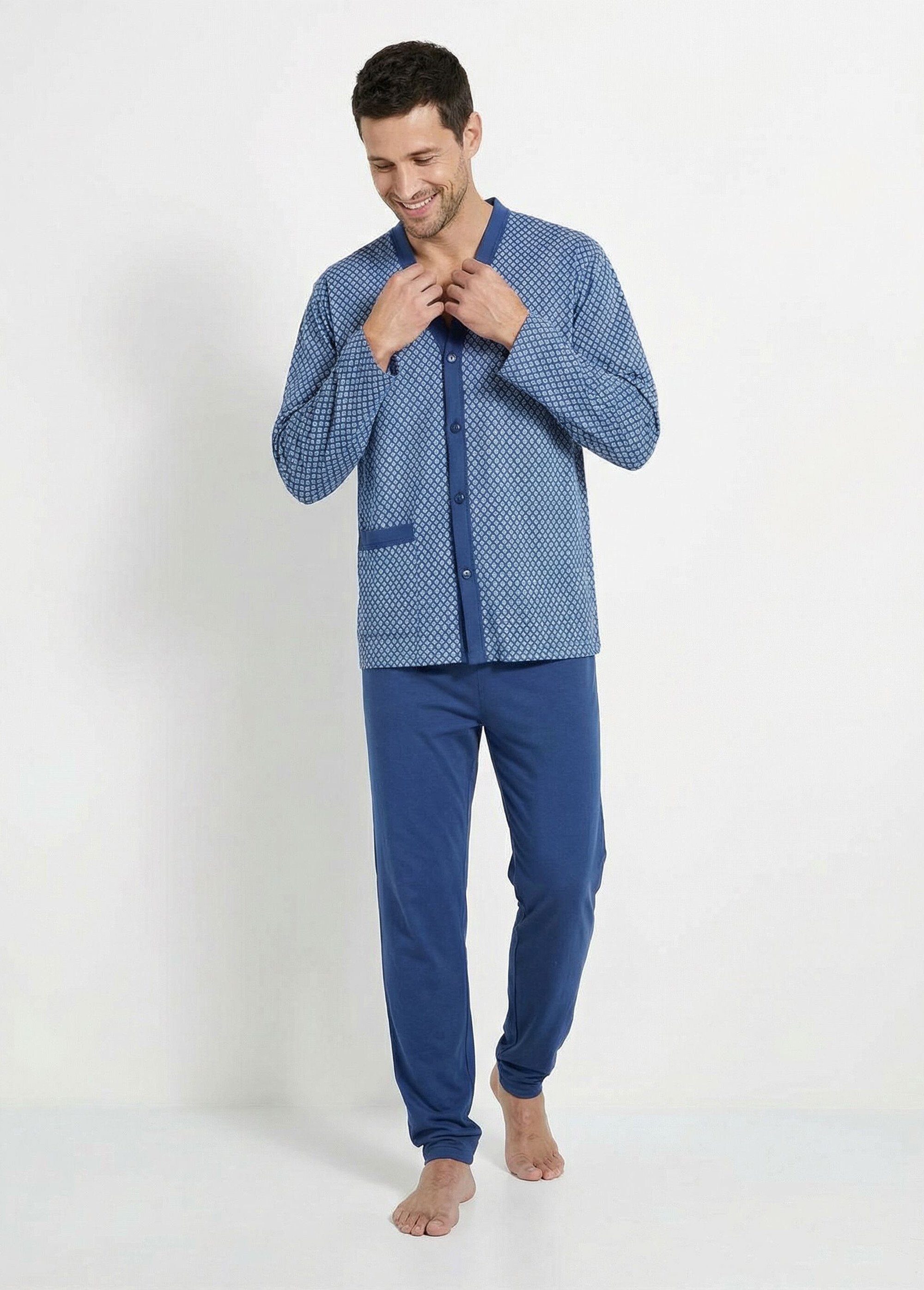 Pyjama boutonné manches longues coton Homme Bleu IDEAL MV1