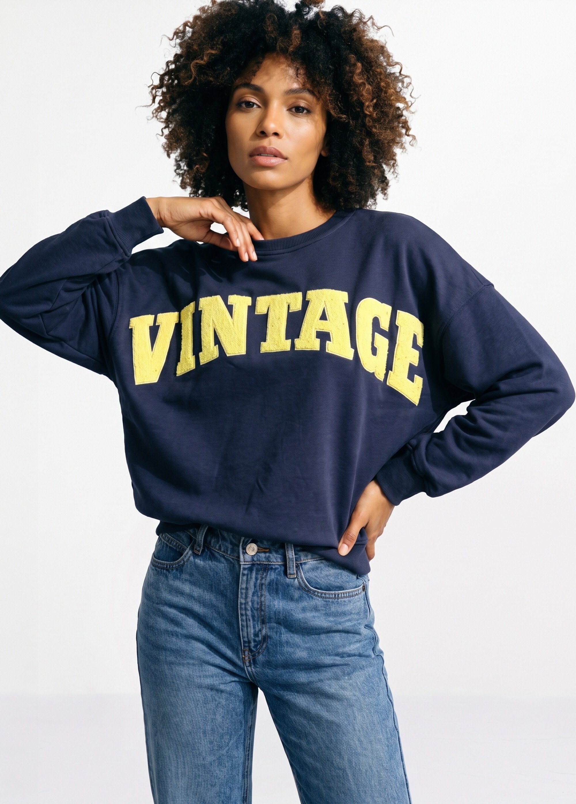 Sweat-shirt col rond inscription Vintage Bleu JB-SW0046 MV1