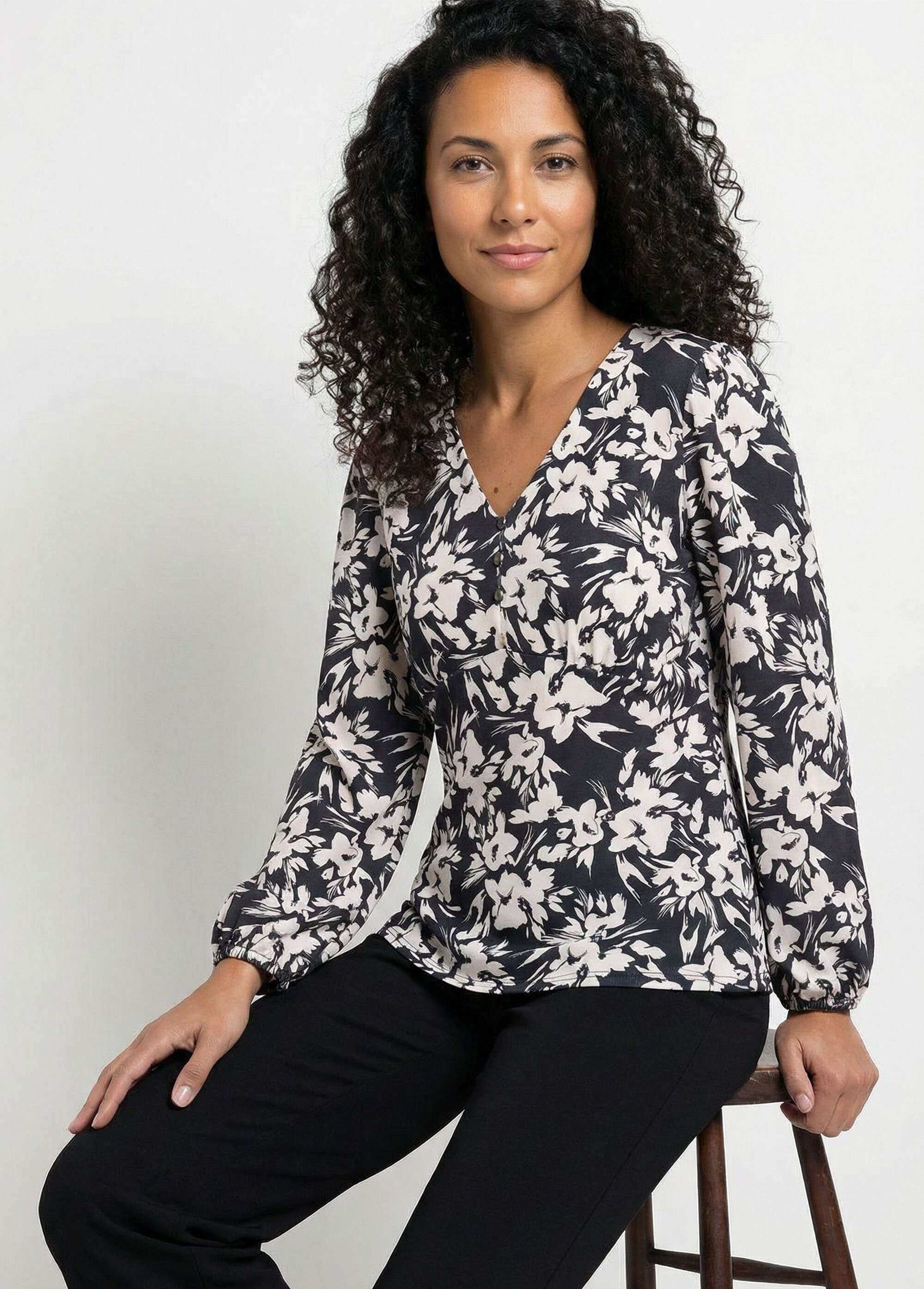 T-shirt col V boutonné évasé imprimé Femme Noir CERENA MV1