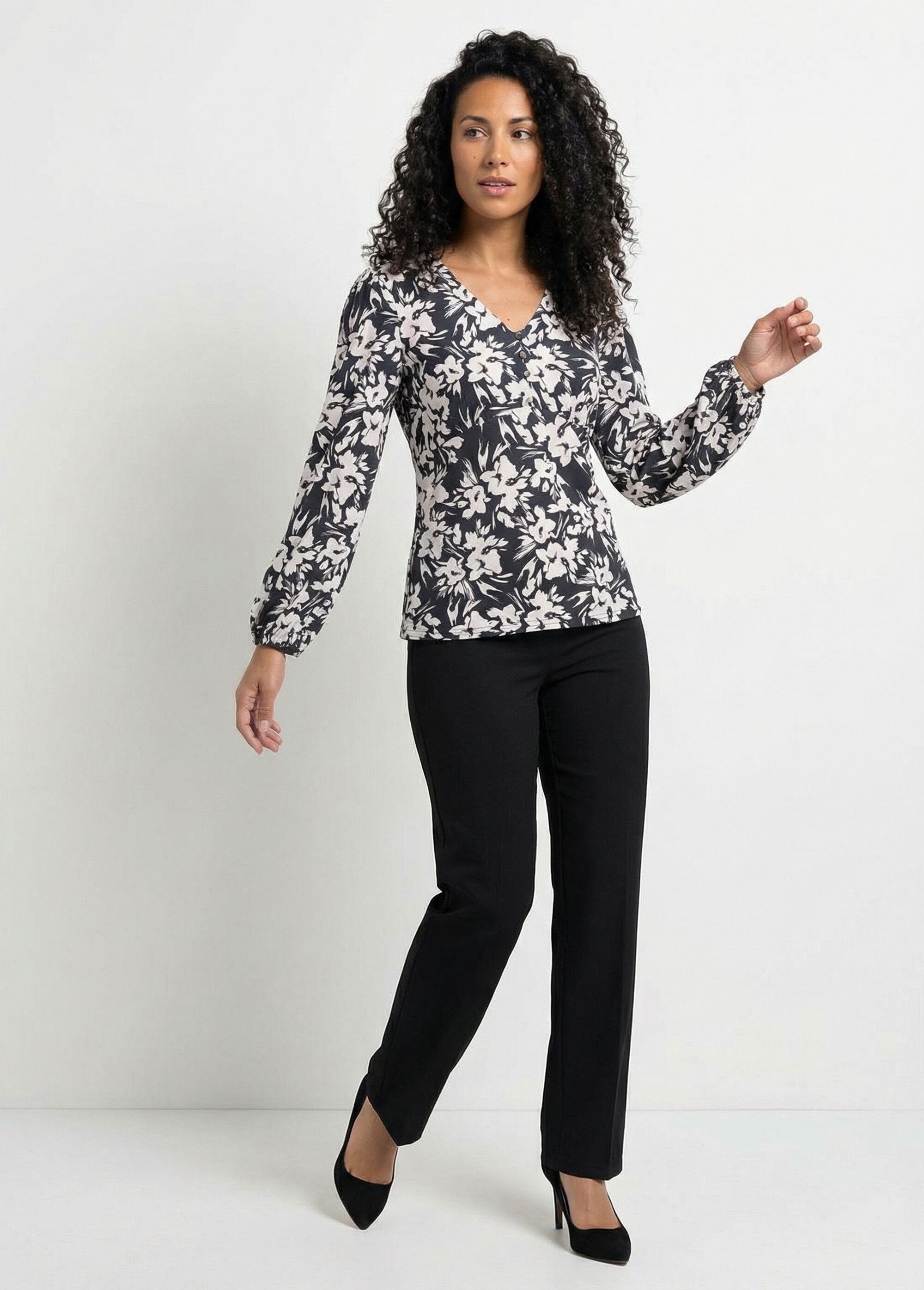 T-shirt col V boutonné évasé imprimé Femme Noir CERENA SF1