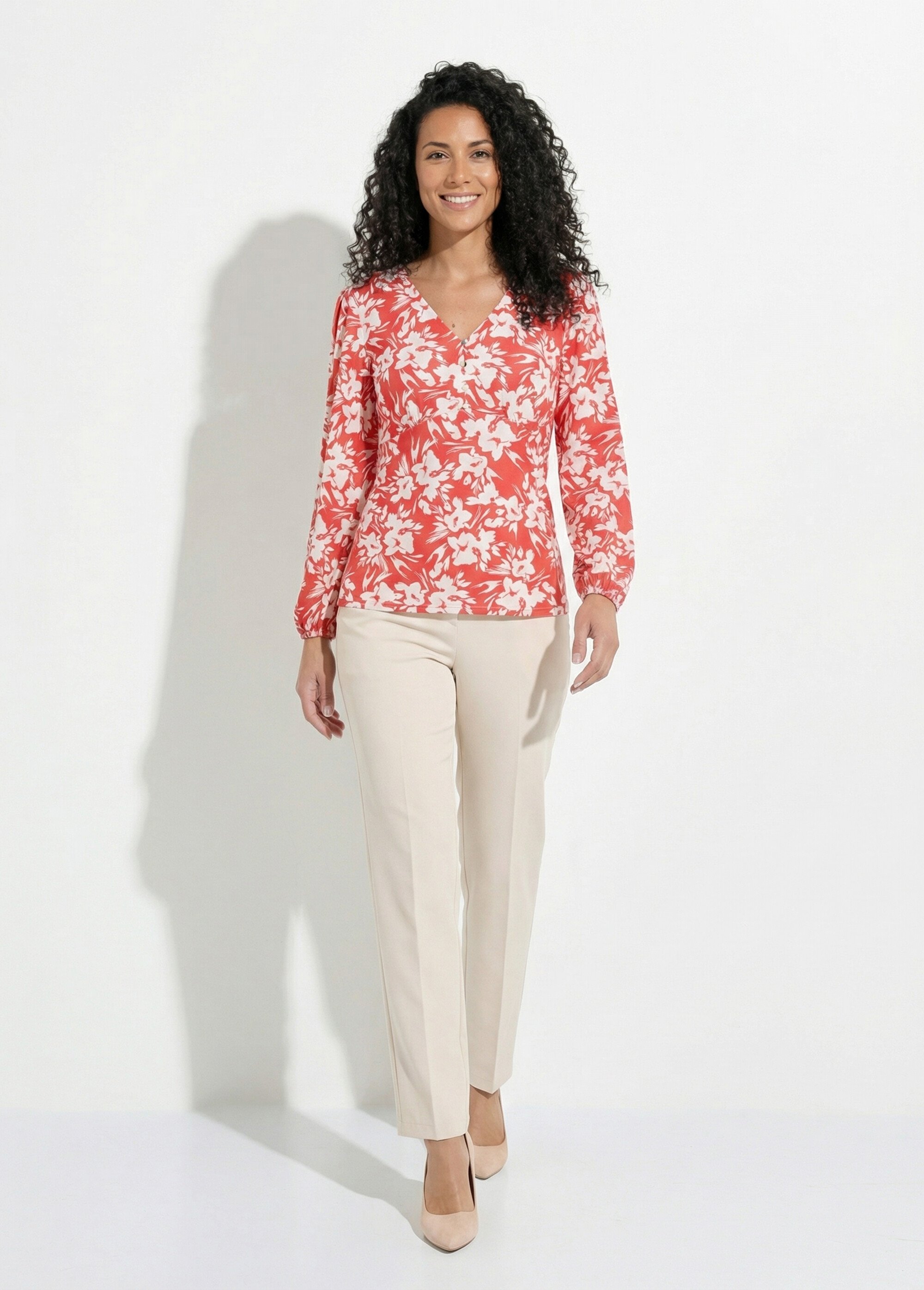 T-shirt col V boutonné évasé imprimé Femme Rouge CERENA SF1