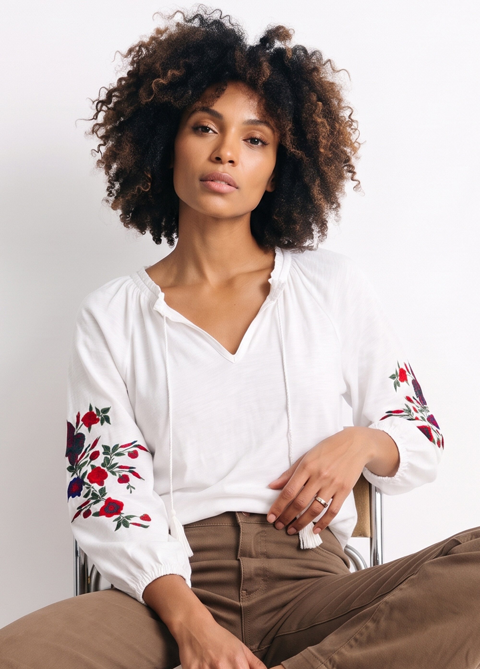 T-shirt long brodé manches 3/4 Femme Blanc CABASSE MV1