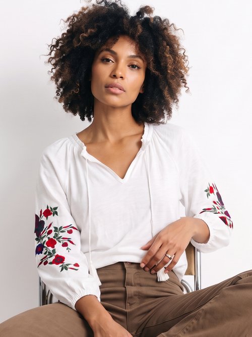 T-shirt long brodé manches 3/4 Femme Blanc CABASSE MV1