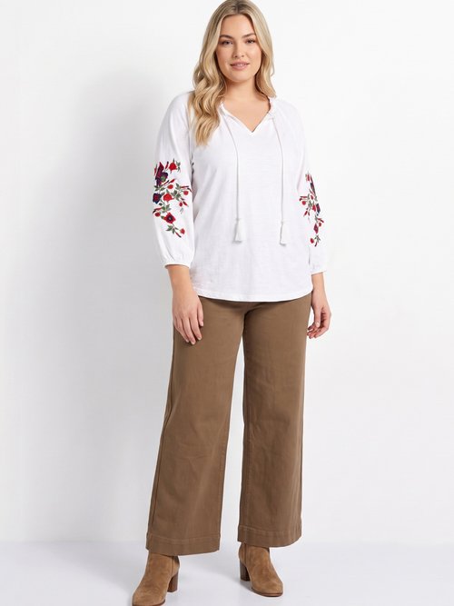 T-shirt long brodé manches 3/4 Femme Grande Taille Blanc CABASSE SI1