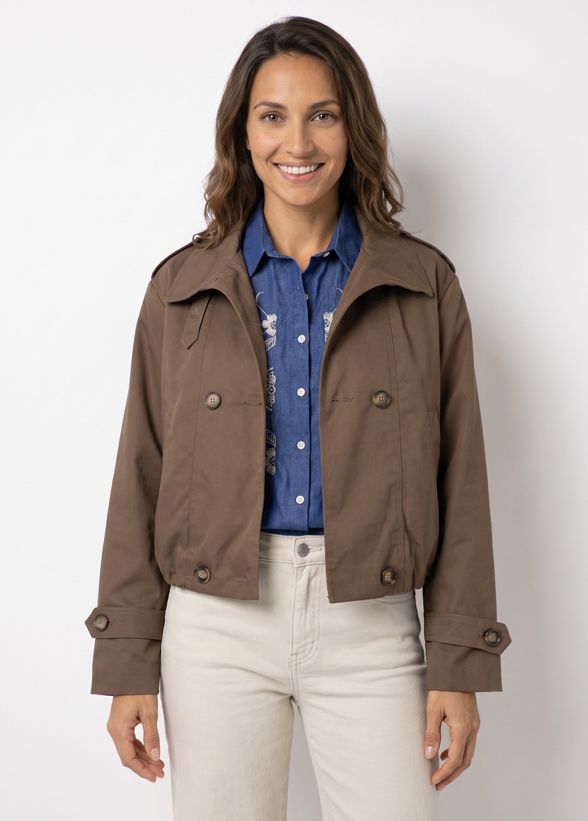 Trench court boutonné, taille bouffante Femme Marron SFT-S-6299 FA1