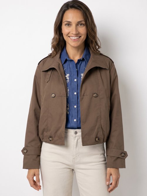 Trench court boutonné, taille bouffante Femme Marron SFT-S-6299 FA1