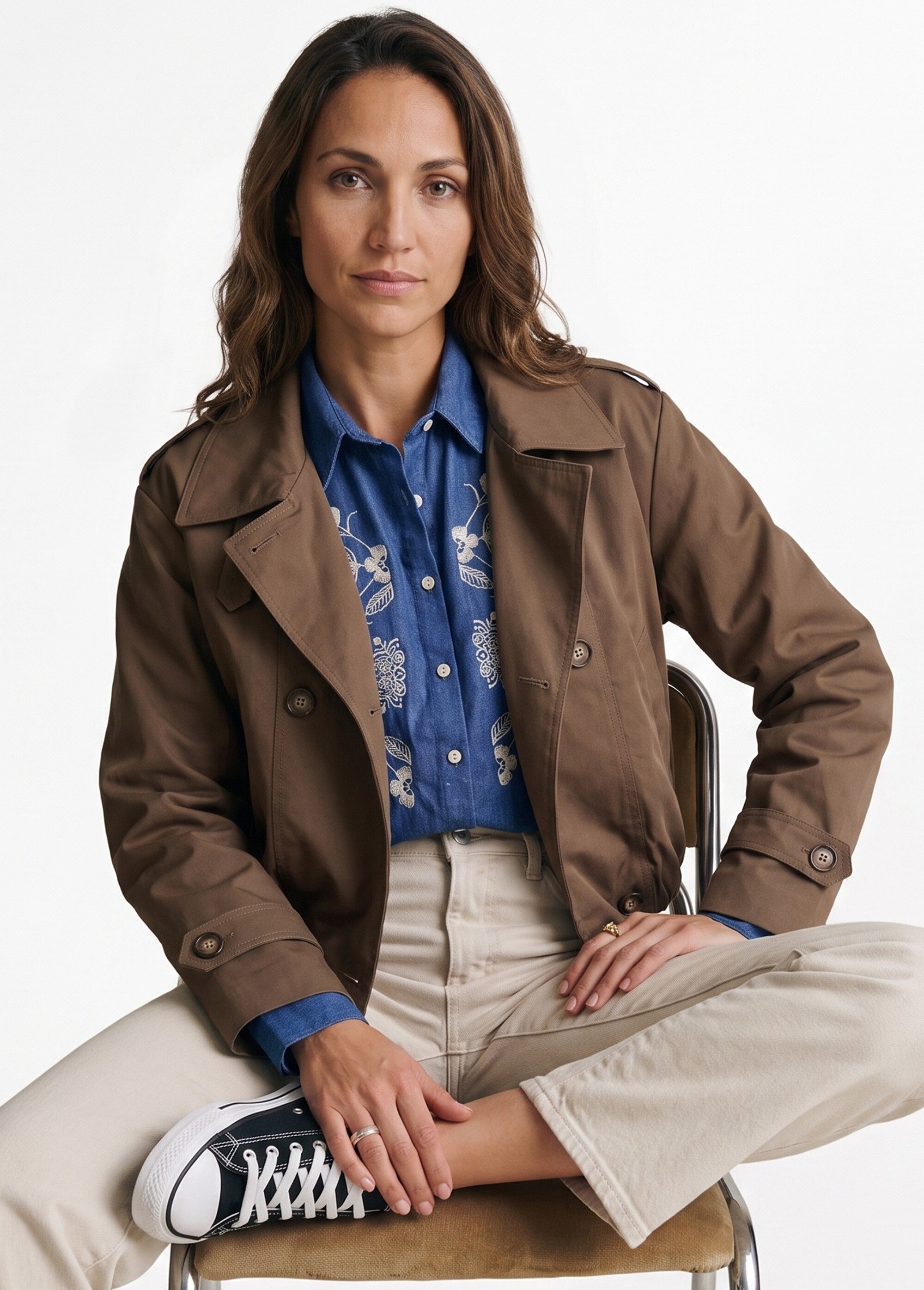 Trench court boutonné, taille bouffante Femme Marron SFT-S-6299 MV1