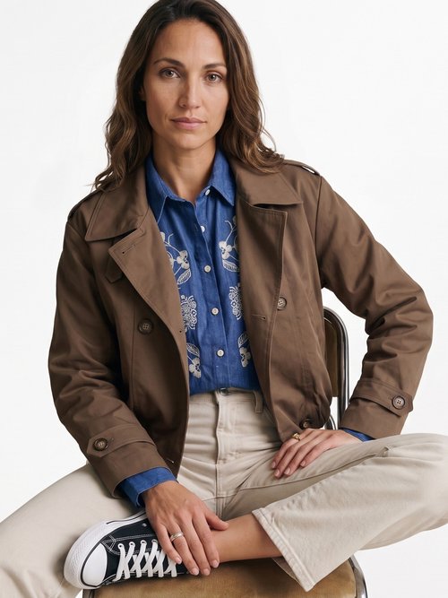 Trench court boutonné, taille bouffante Femme Marron SFT-S-6299 MV1