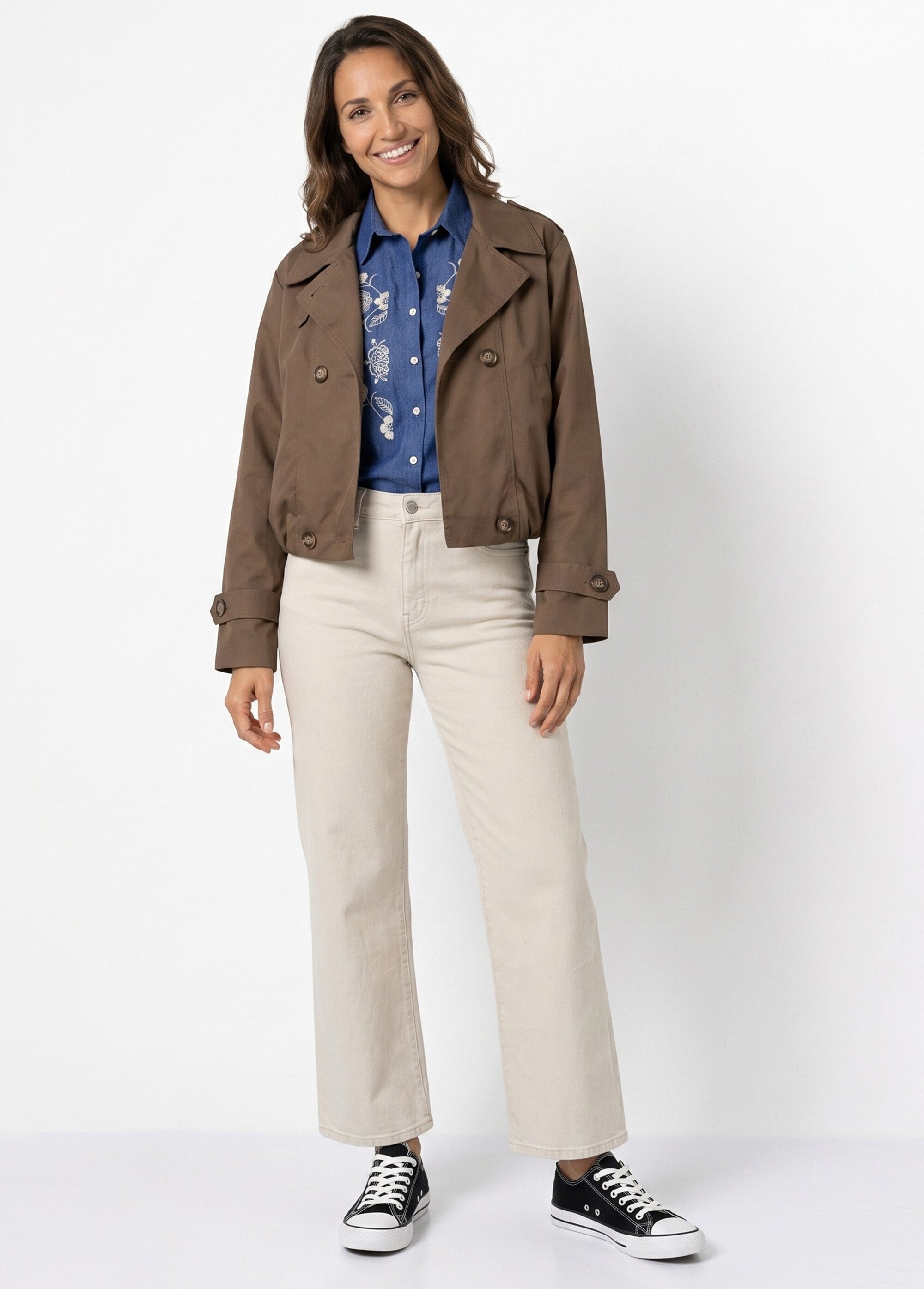 Trench court boutonné, taille bouffante Femme Marron SFT-S-6299 SI1