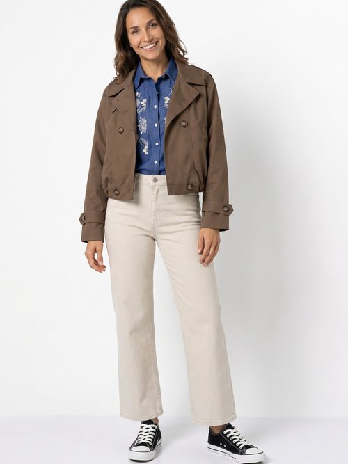 Trench court boutonné, taille bouffante Femme Marron SFT-S-6299 SI1