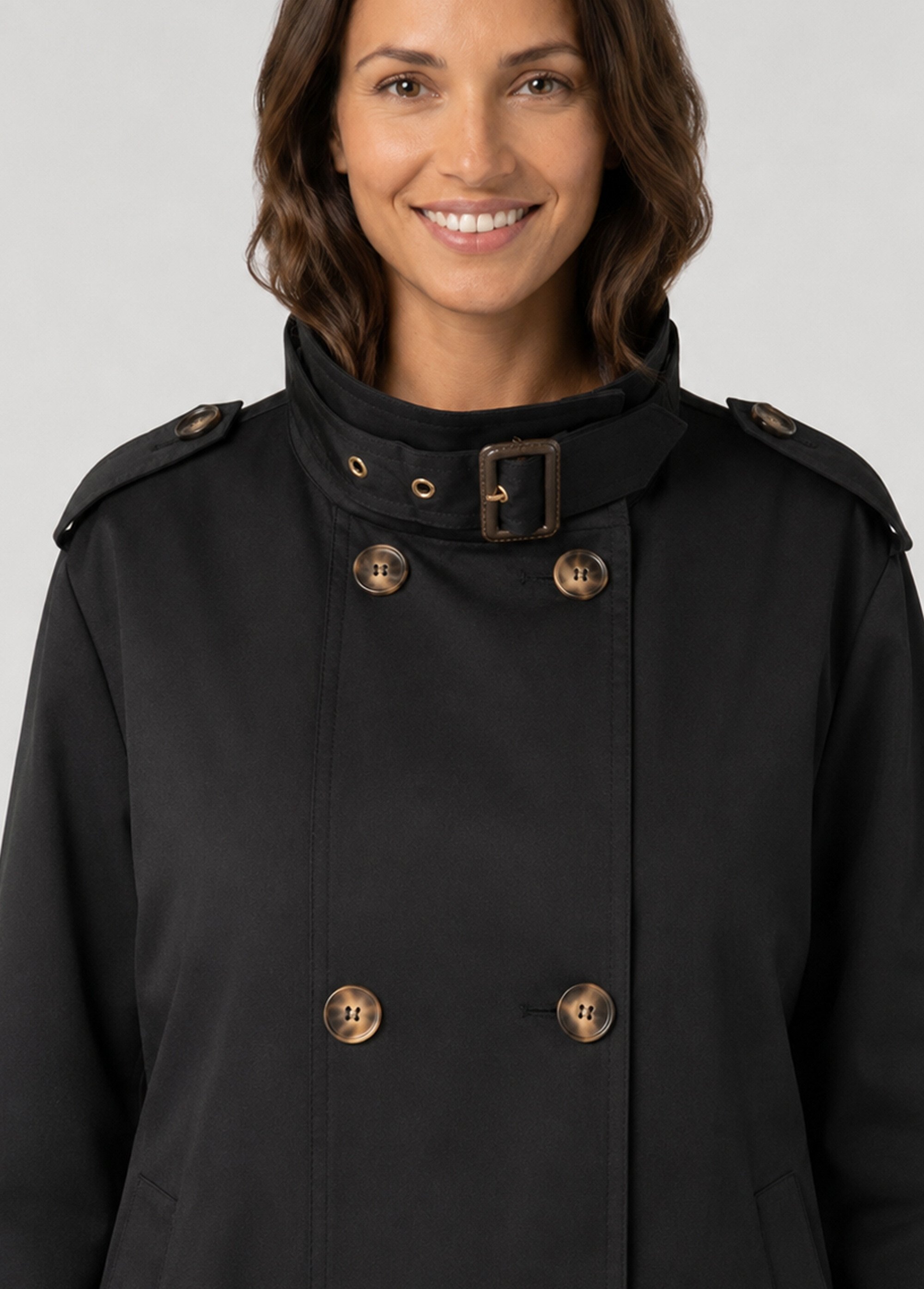 Trench court boutonné, taille bouffante Femme Noir SFT-S-6299 DE1