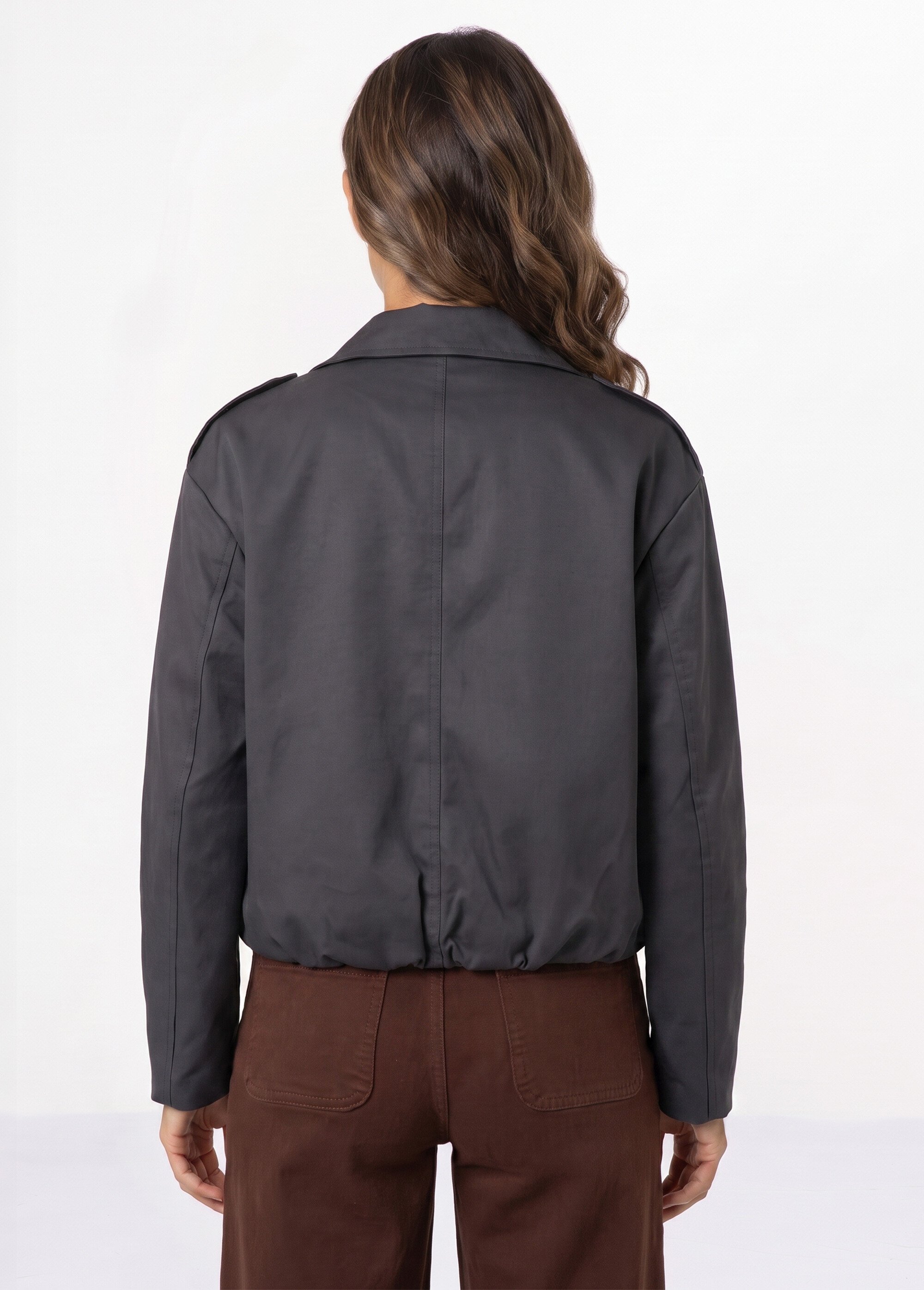 Trench court boutonné, taille bouffante Femme Noir SFT-S-6299 DO1