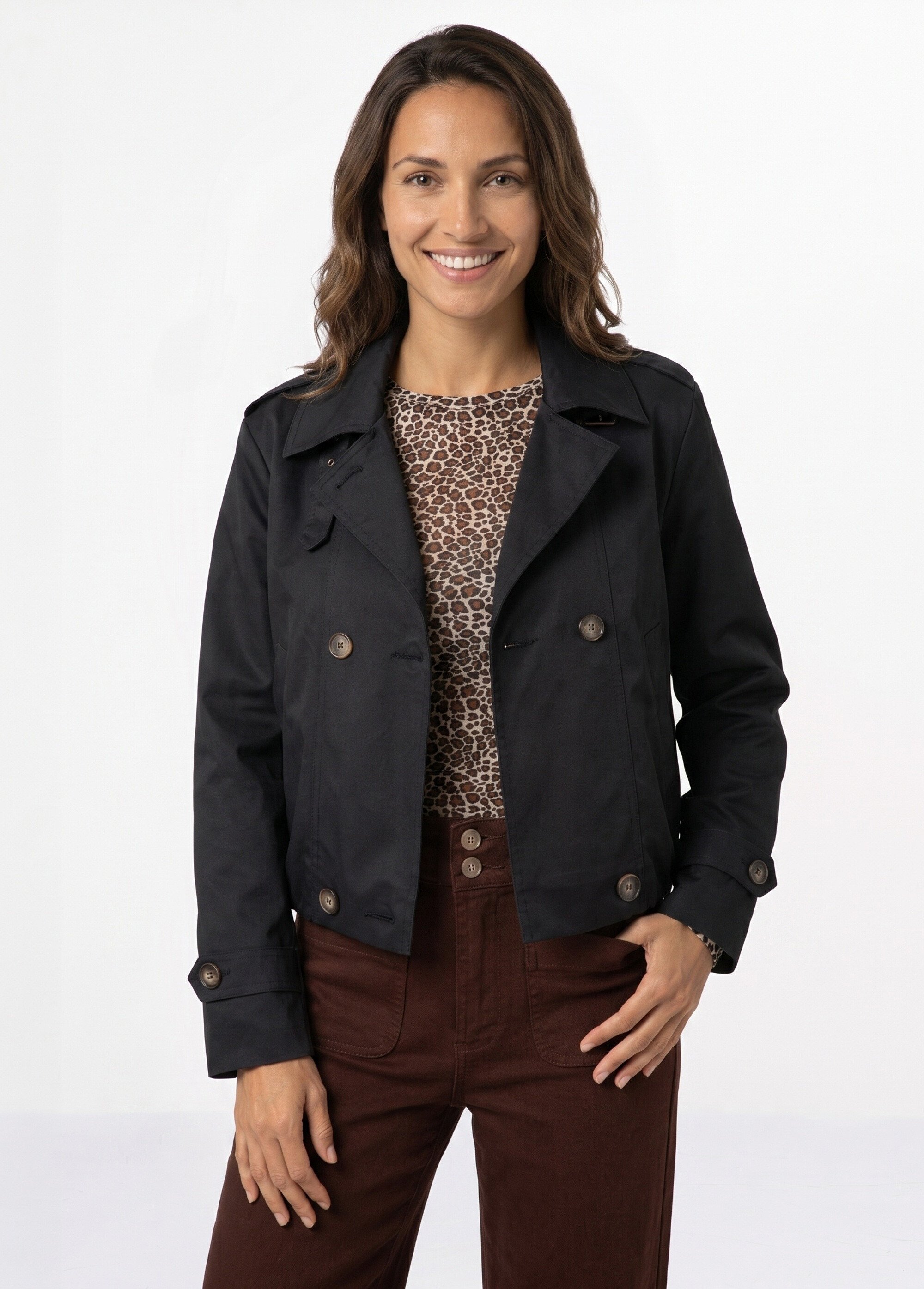 Trench court boutonné, taille bouffante Femme Noir SFT-S-6299 FA1