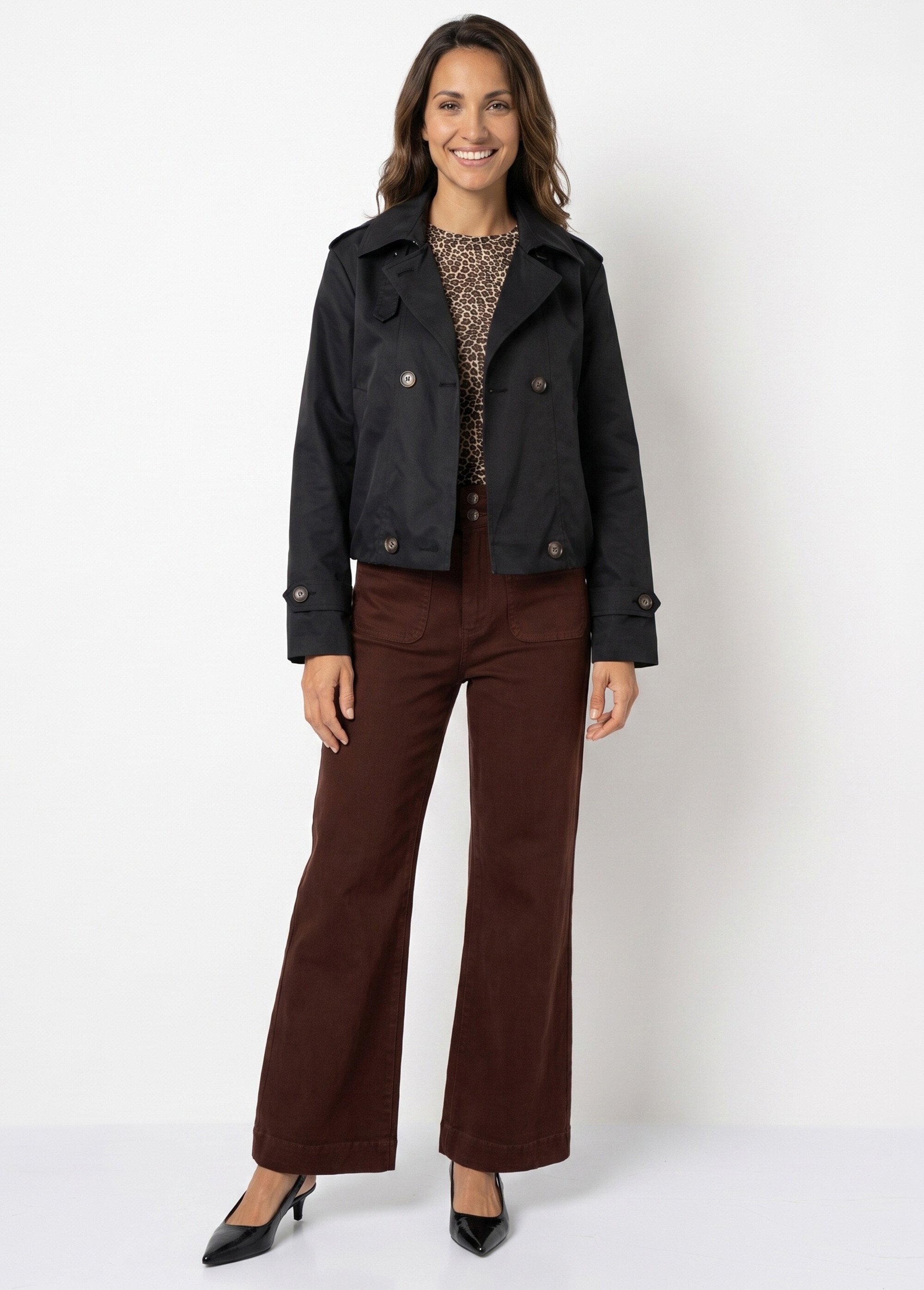 Trench court boutonné, taille bouffante Femme Noir SFT-S-6299 SI1
