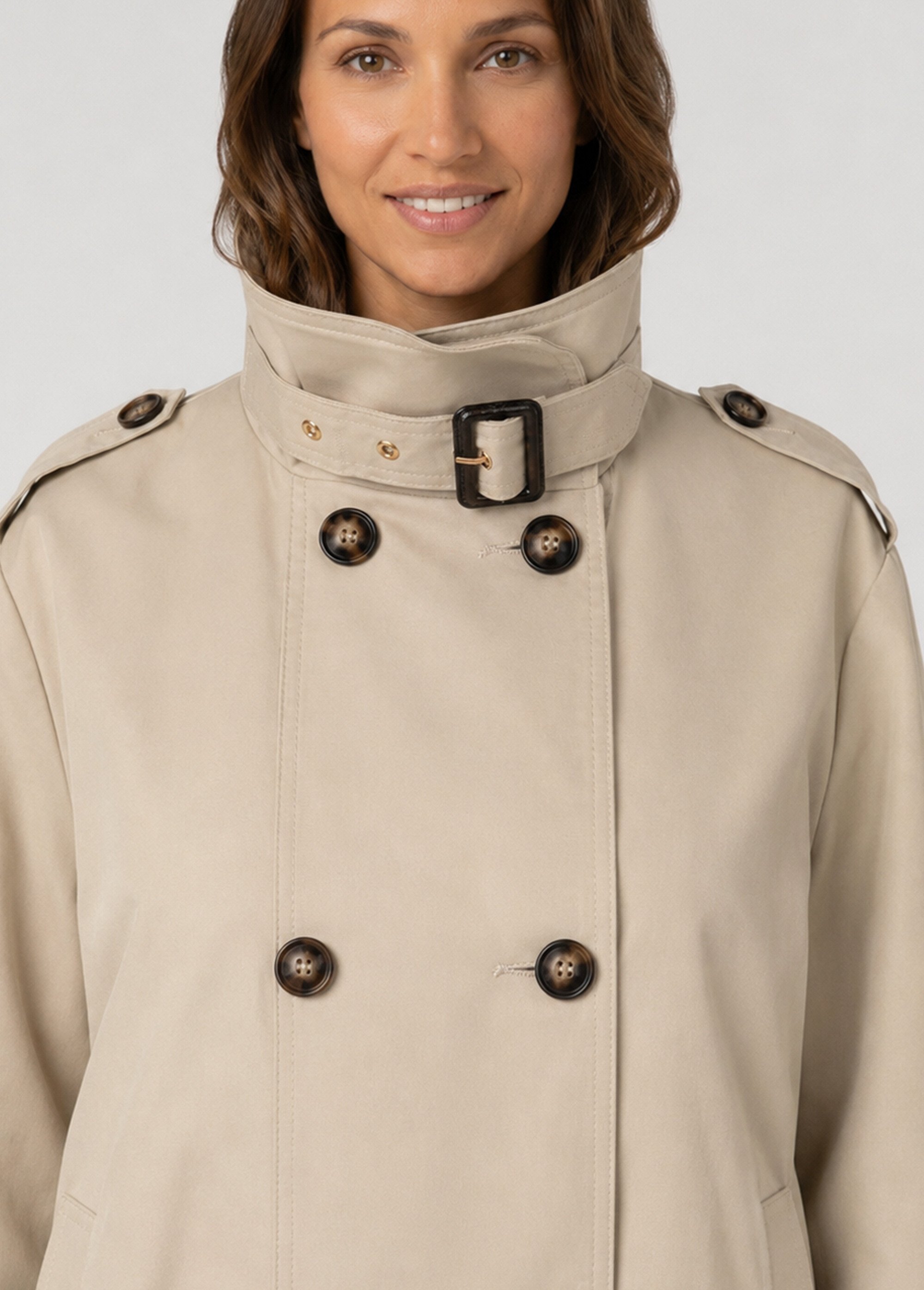 Trench court boutonné, taille bouffante Femme Beige SFT-S-6299 DE1