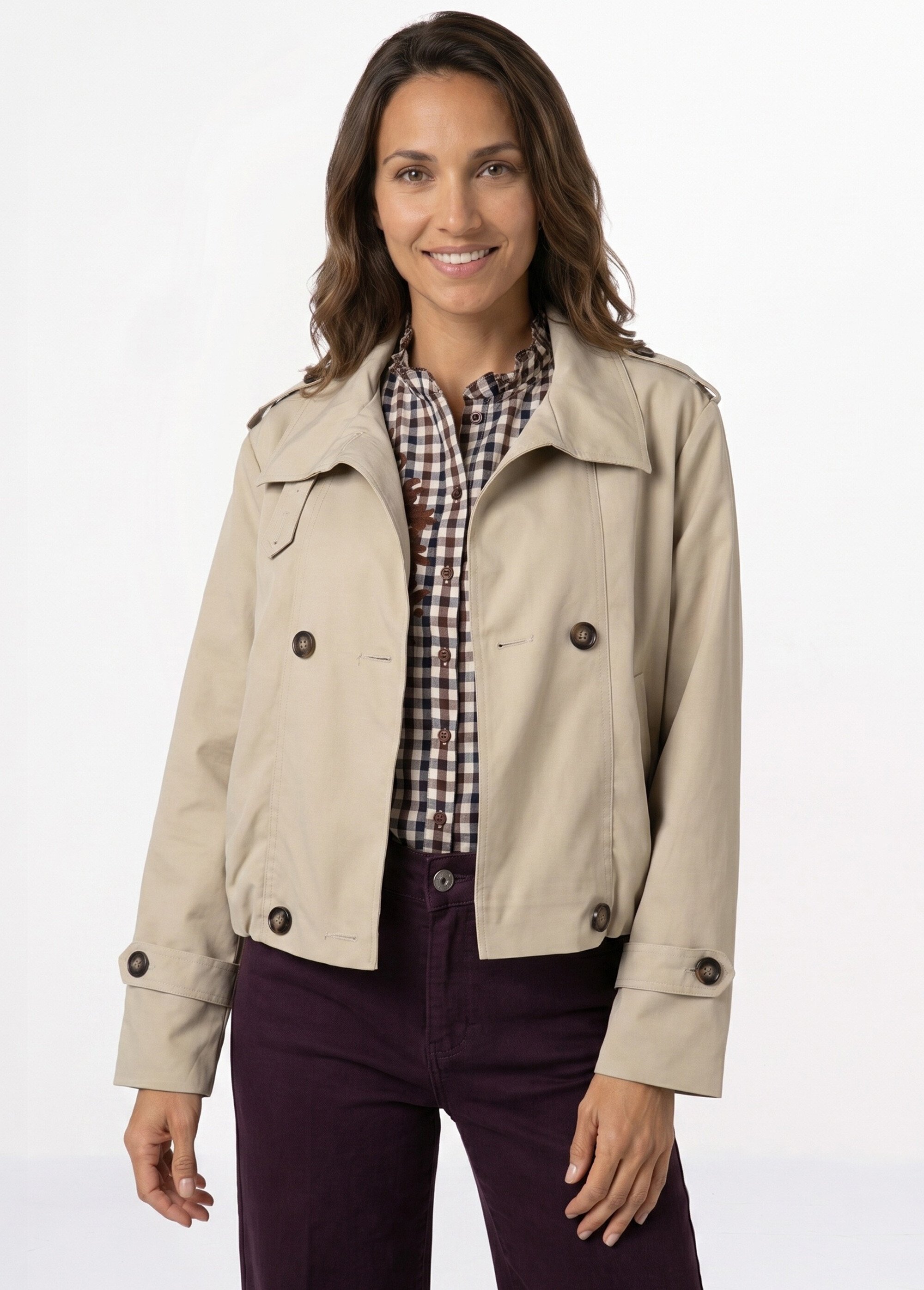 Trench court boutonné, taille bouffante Femme Beige SFT-S-6299 FA1