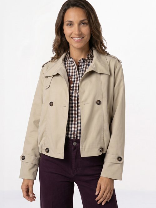 Trench court boutonné, taille bouffante Femme Beige SFT-S-6299 FA1