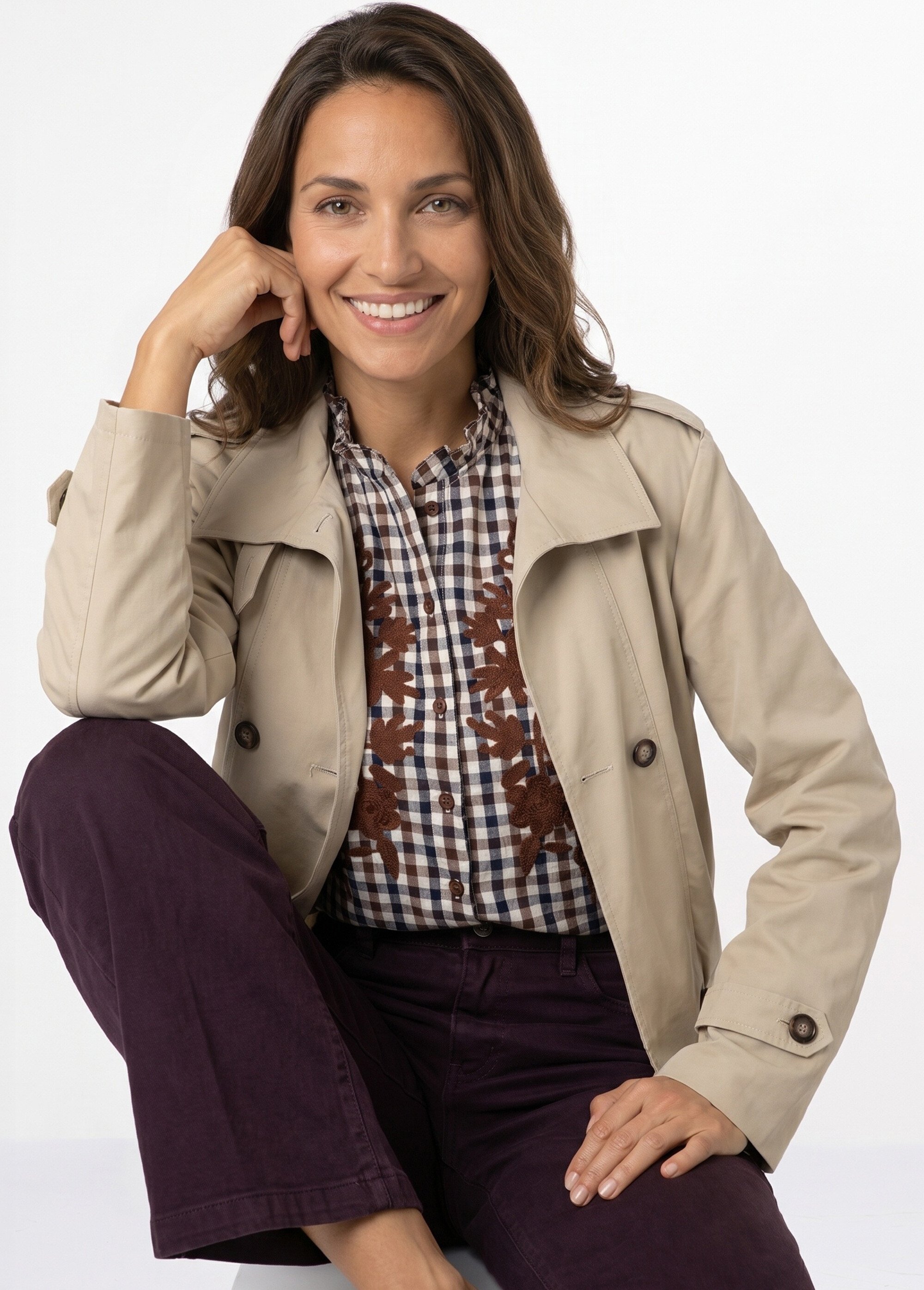 Trench court boutonné, taille bouffante Femme Beige SFT-S-6299 MV1