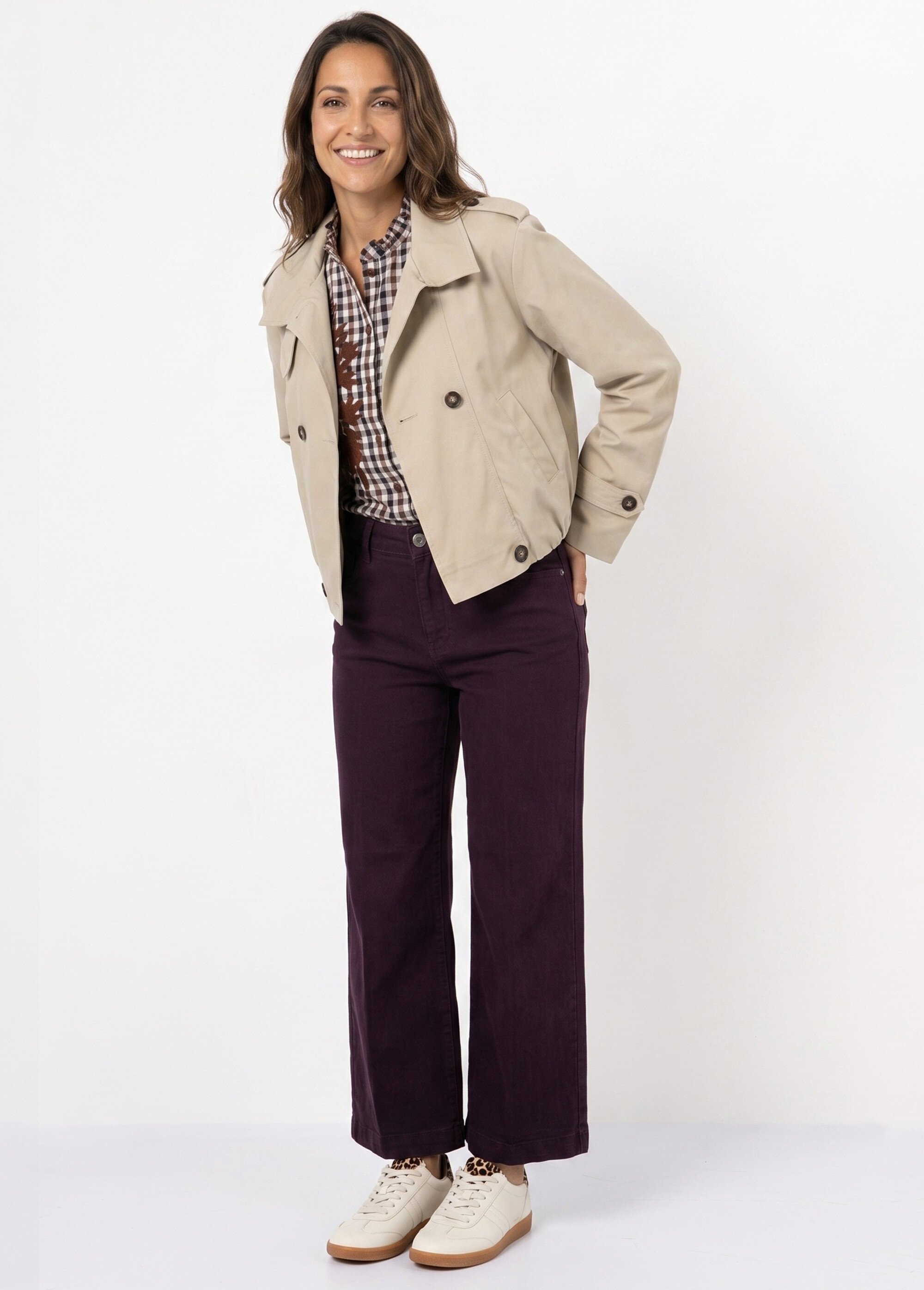 Trench court boutonné, taille bouffante Femme Beige SFT-S-6299 SI1