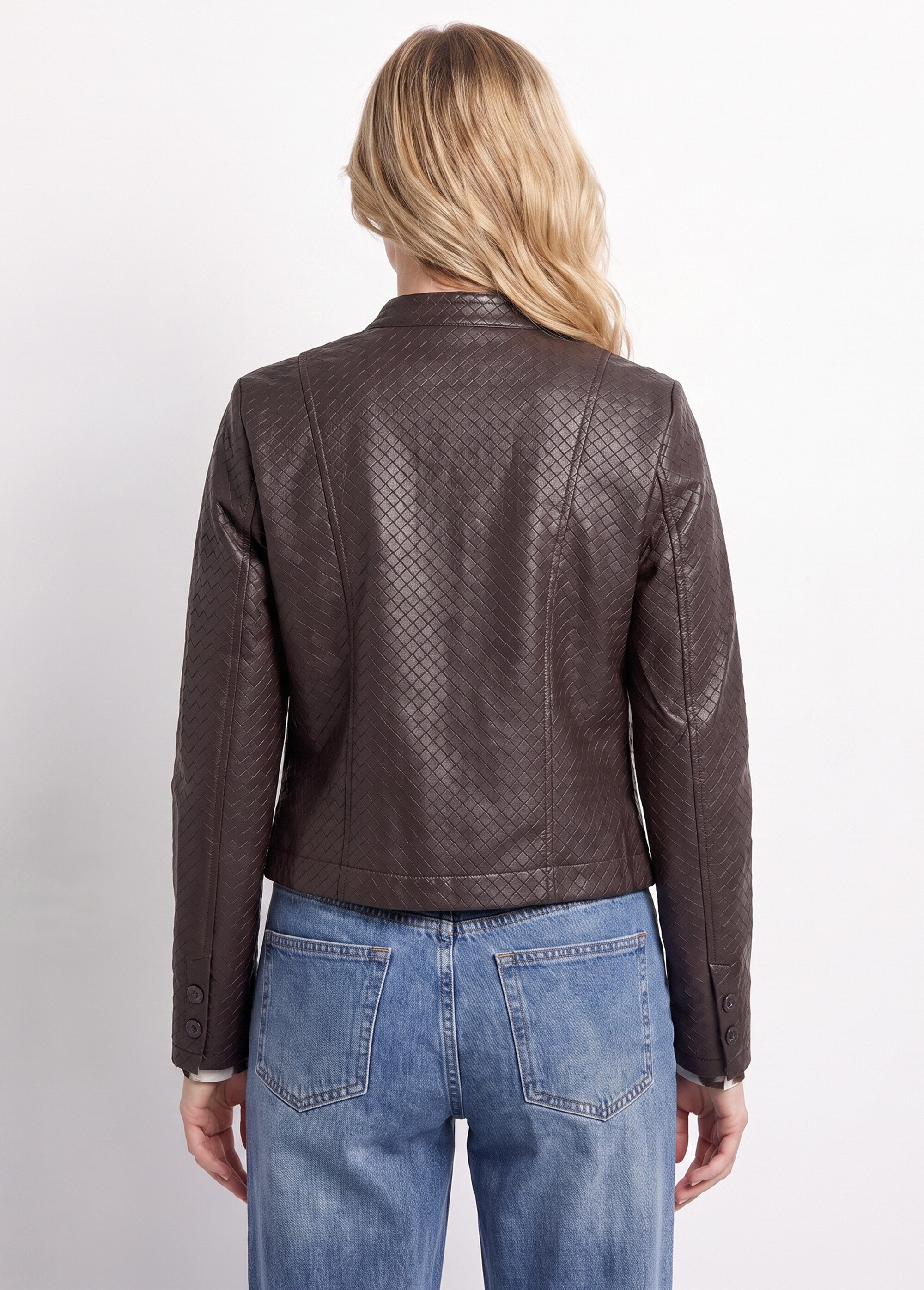 Veste col rond chic, simili cuir tressé Femme Marron SFT-S-6286 DO1