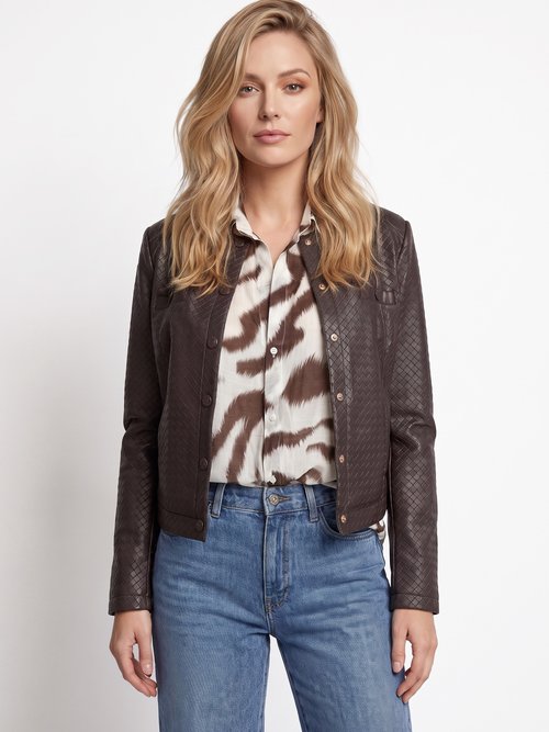 Veste col rond chic, simili cuir tressé Femme Marron SFT-S-6286 FA1
