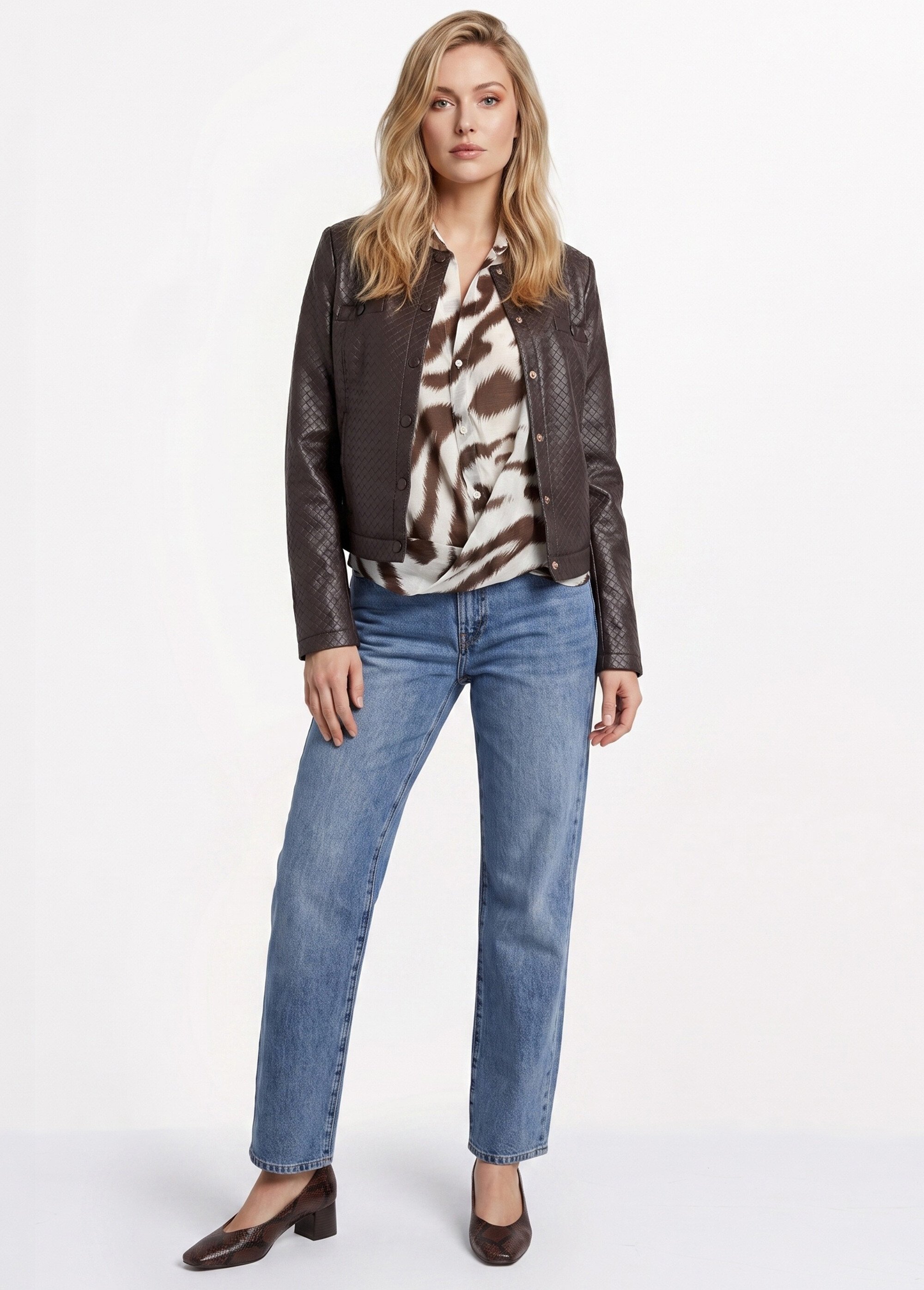 Veste col rond chic, simili cuir tressé Femme Marron SFT-S-6286 SI1