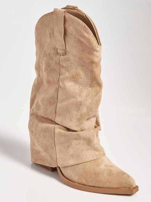 Bottes froissées brodées style cow girl Femme Beige MAR2501A FA1