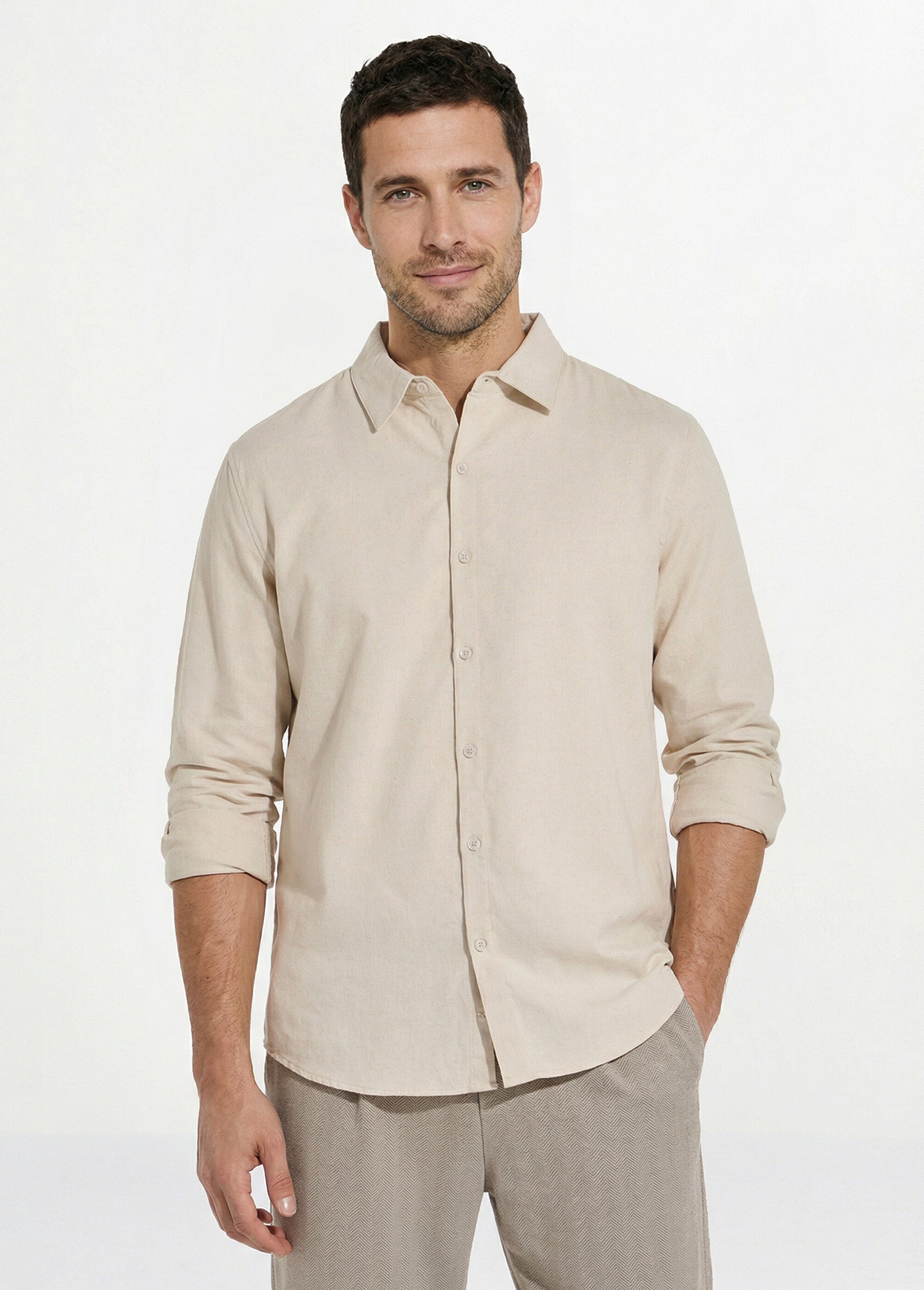 Chemise col à pointes, en coton / lin Homme Beige FRIBM24C41 FA1