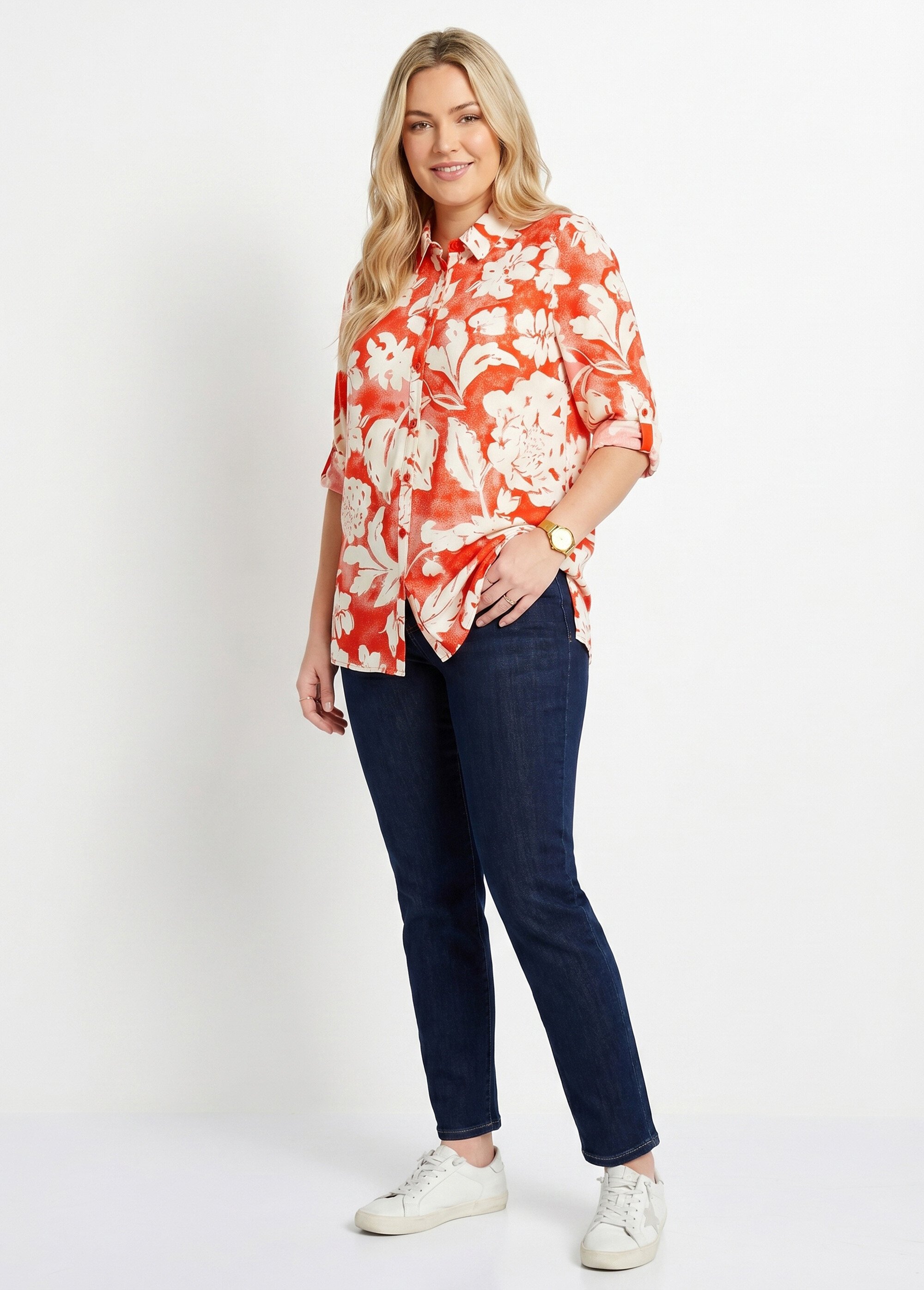Chemisier ample long fleuri Femme Grande Taille Rouge CAPSULE SI1