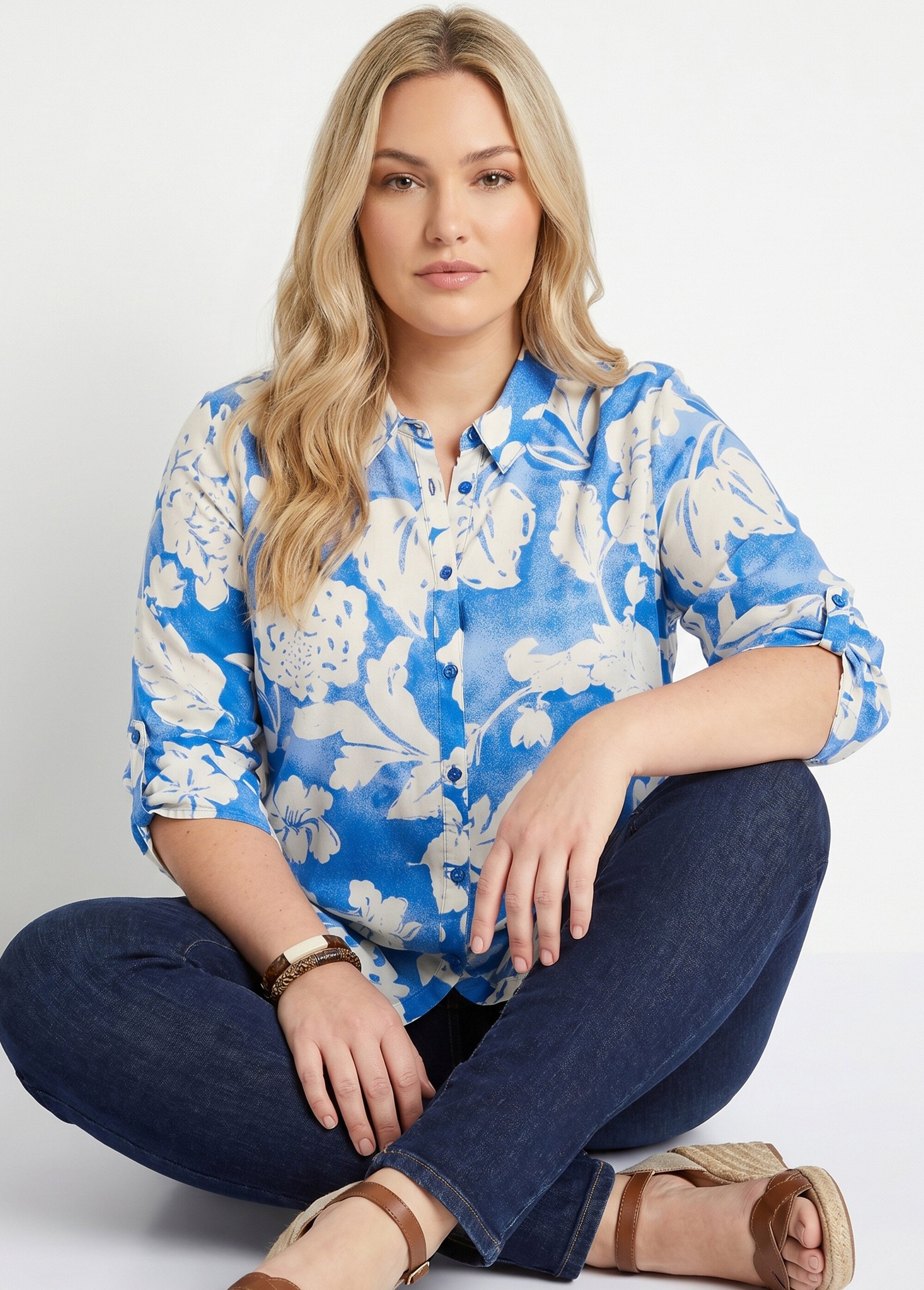 Chemisier ample long fleuri Femme Grande Taille Bleu CAPSULE MV1