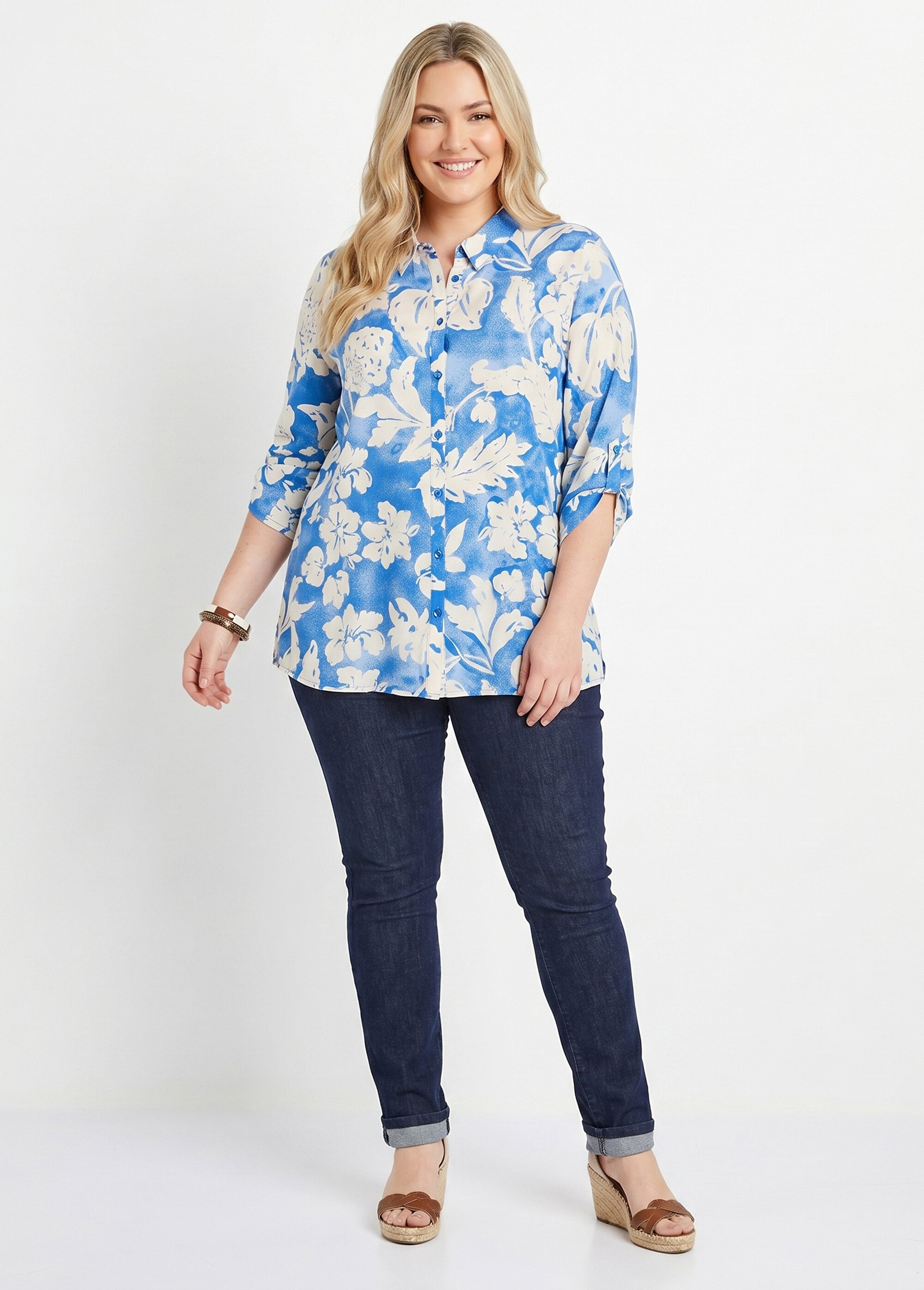 Chemisier ample long fleuri Femme Grande Taille Bleu CAPSULE SI1