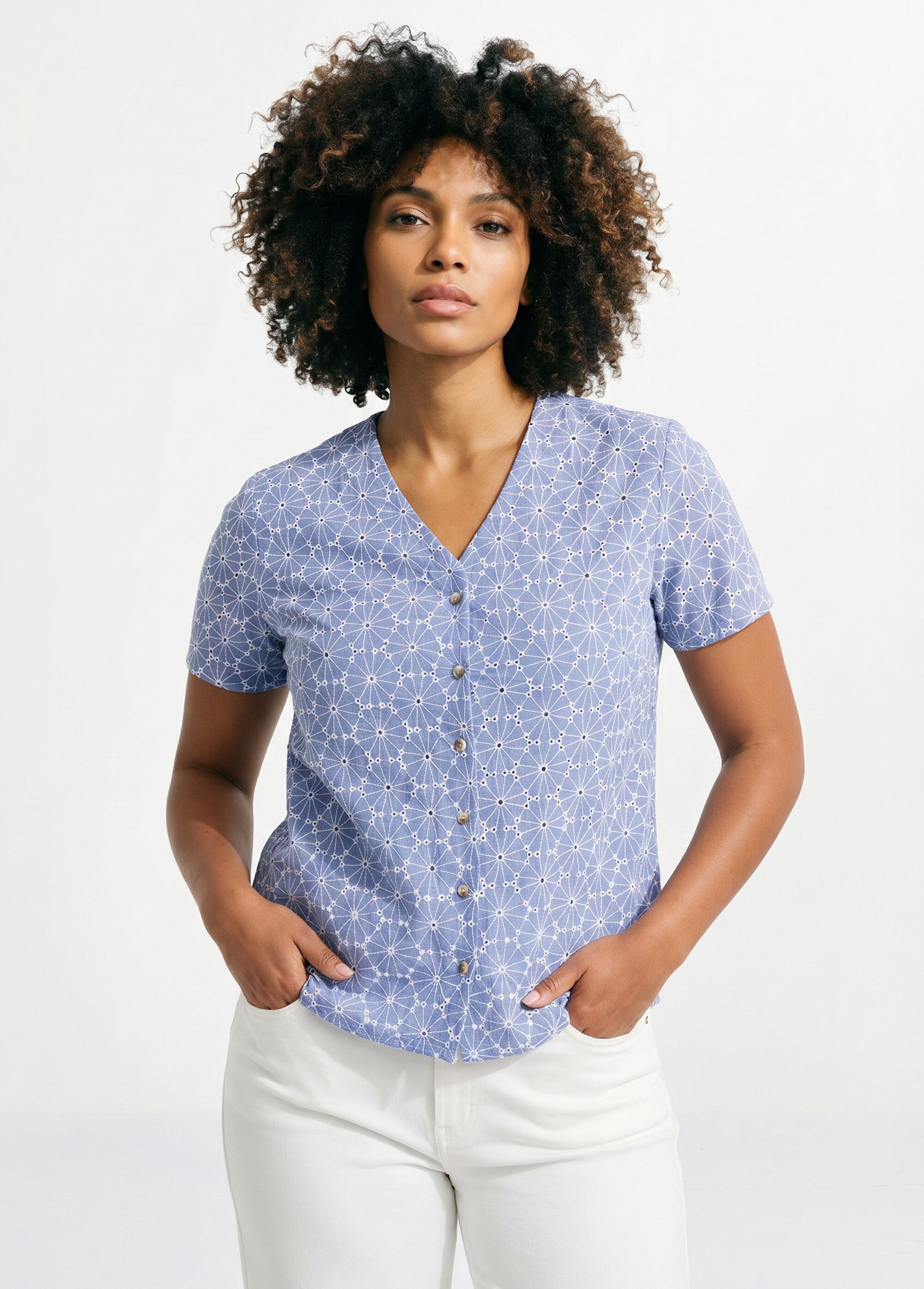 Chemisier long col V brodé Femme Bleu COCOTIER FA1